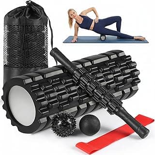 Kit Rolo De Liberação Miofascial 5 Em 1 Foam Roller, Rolo Massagem Liberação Miofascial com Bastão, Rolinho, Faixa de Alongamento, 2 Bolas de Massagem e Sacola de Transporte