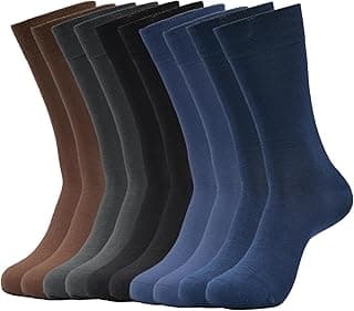 SUKBRGIR Meias sociais masculinas de fibra de bambu, cor sólida, respiráveis e com absorção de umidade, marrom, cinza e azul marinho, cano médio, pacote com 5 pares (5 pares multicoloridos)