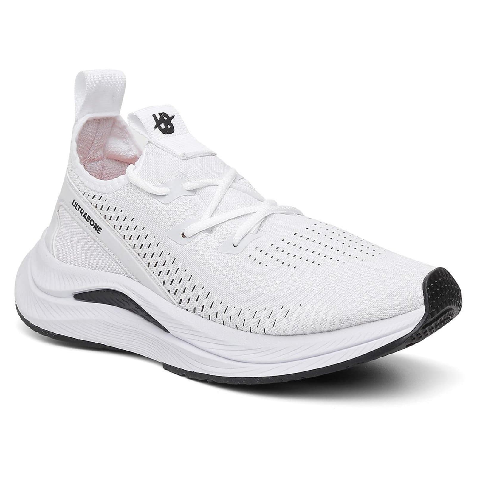 Tênis esportivo feminino branco com sola respirável e design leve, mostrado de frente.