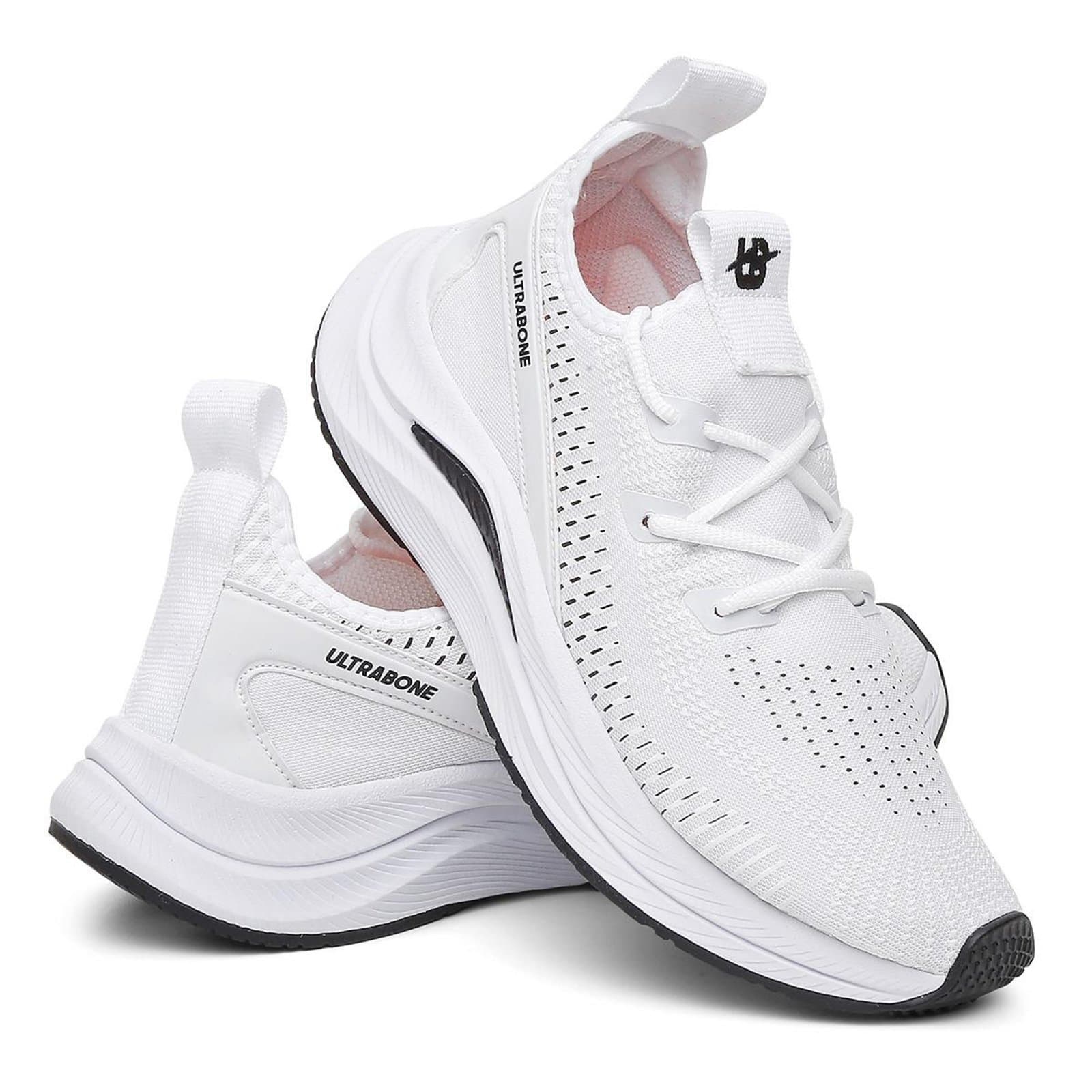 Tênis esportivo branco Ultrabone com sola preta, respirável e antiderrapante para mulheres.