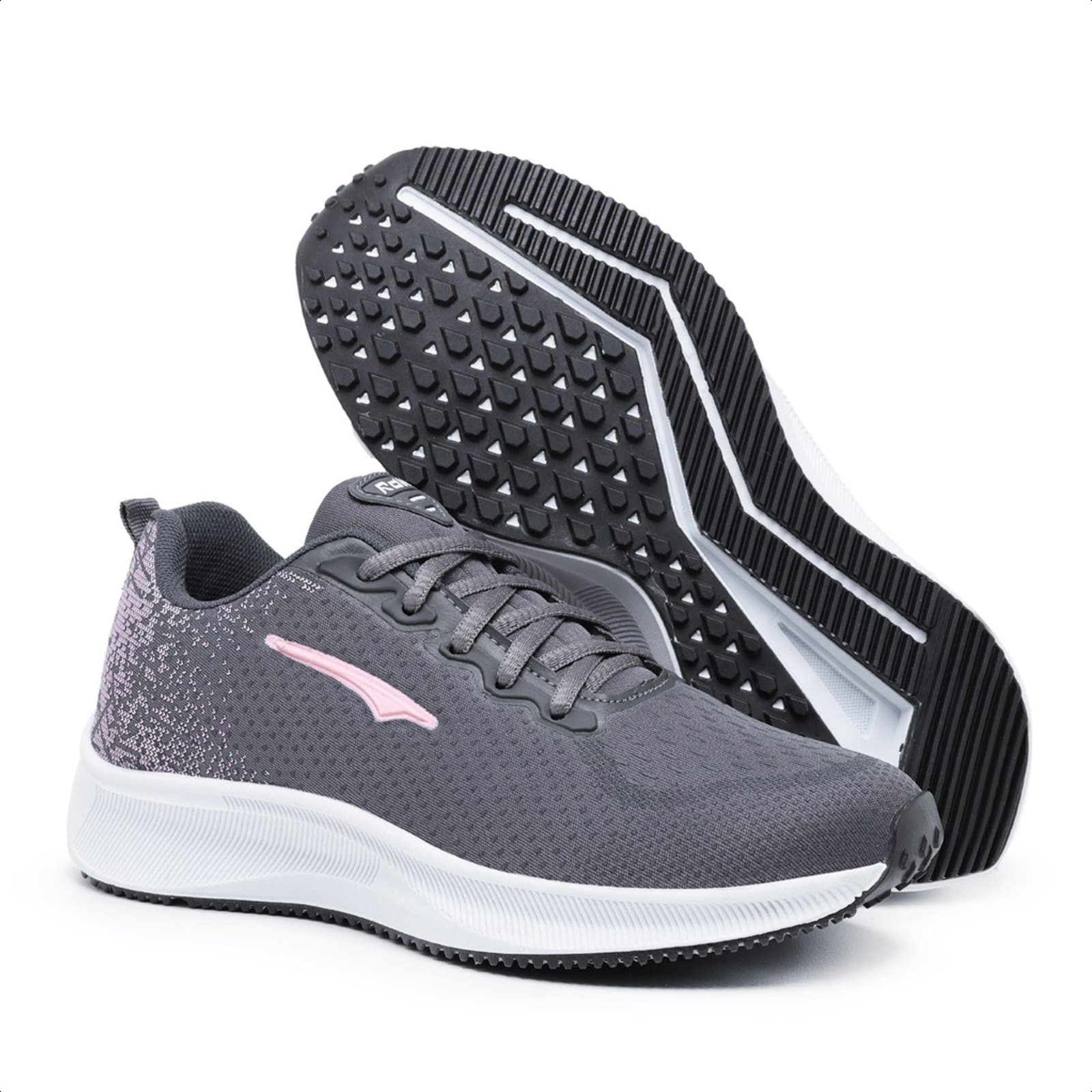 Tênis feminino ortopédico Bia Ramos Flash, cinza e rosa, com foco na sola preta.