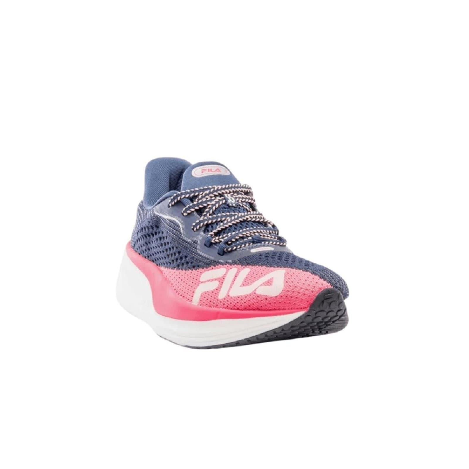 Tênis Fila Racer Speedzone feminino azul marinho e rosa com logo branco.