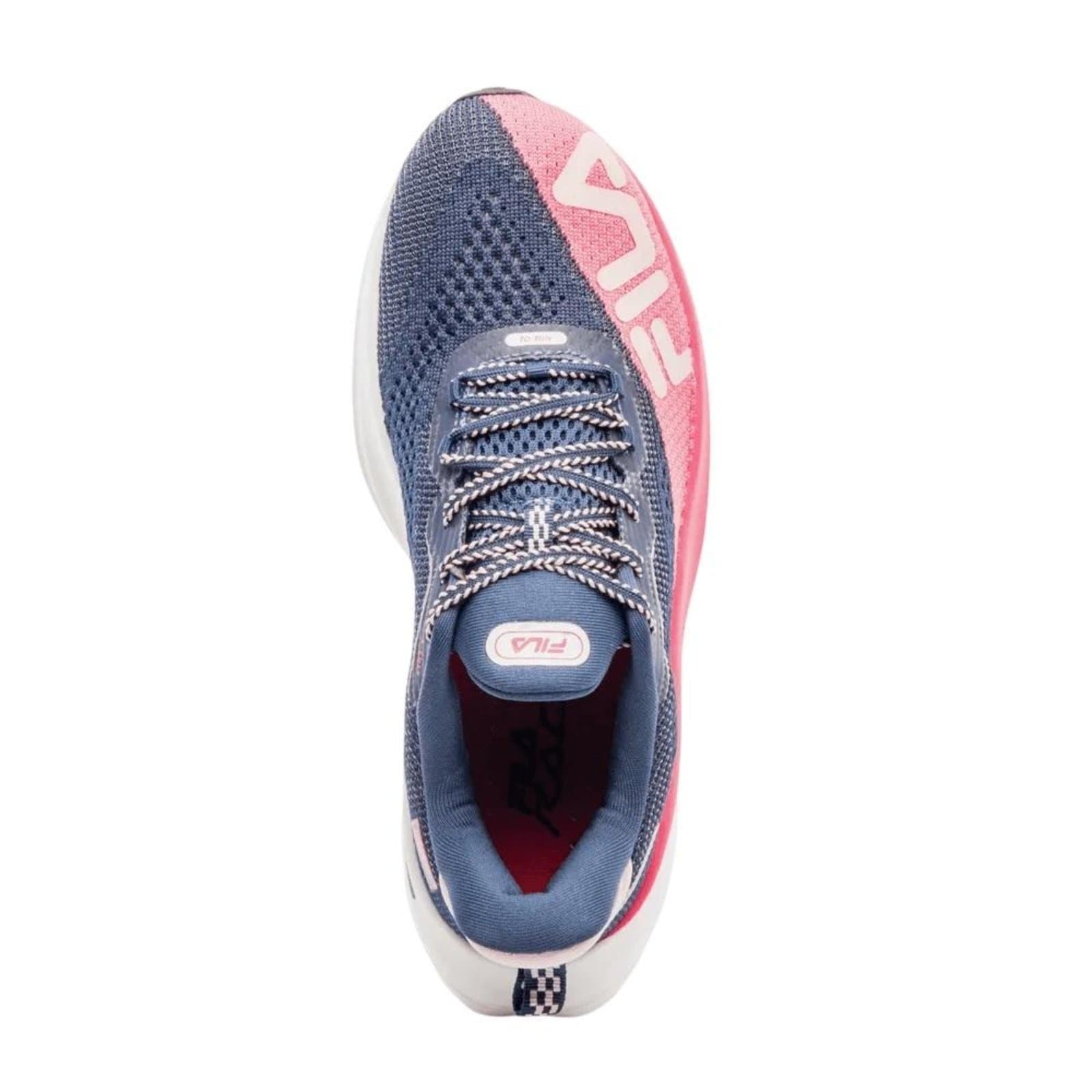 Tênis Fila Racer Speedzone feminino azul marinho e rosa com detalhes em branco.