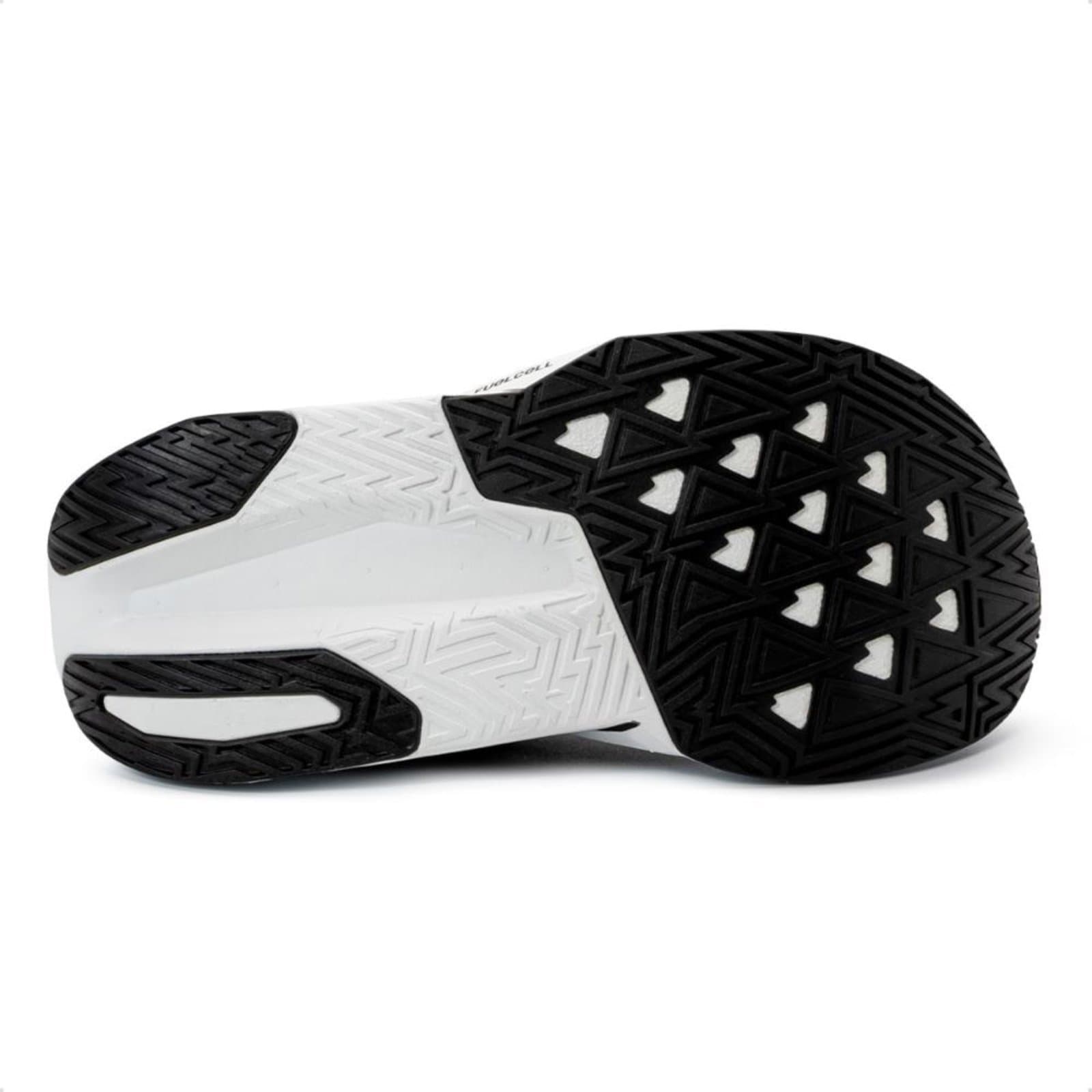 Sola do tênis New Balance Fuelcell Rebel V5, preto e branco, tênis feminino para corrida.