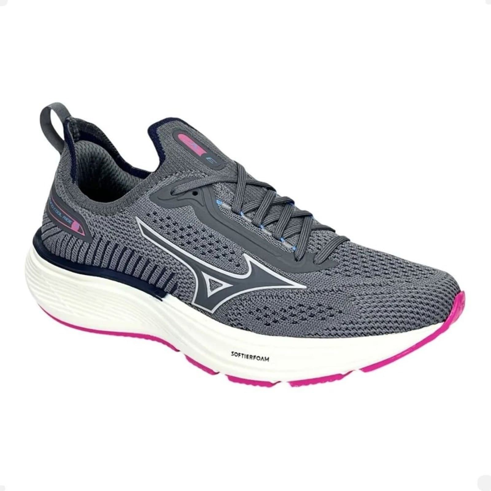 Tenis-de-corrida-feminino-Mizuno-Cool-Ride-3-Chumbo-cinza-com-detalhes-rosa