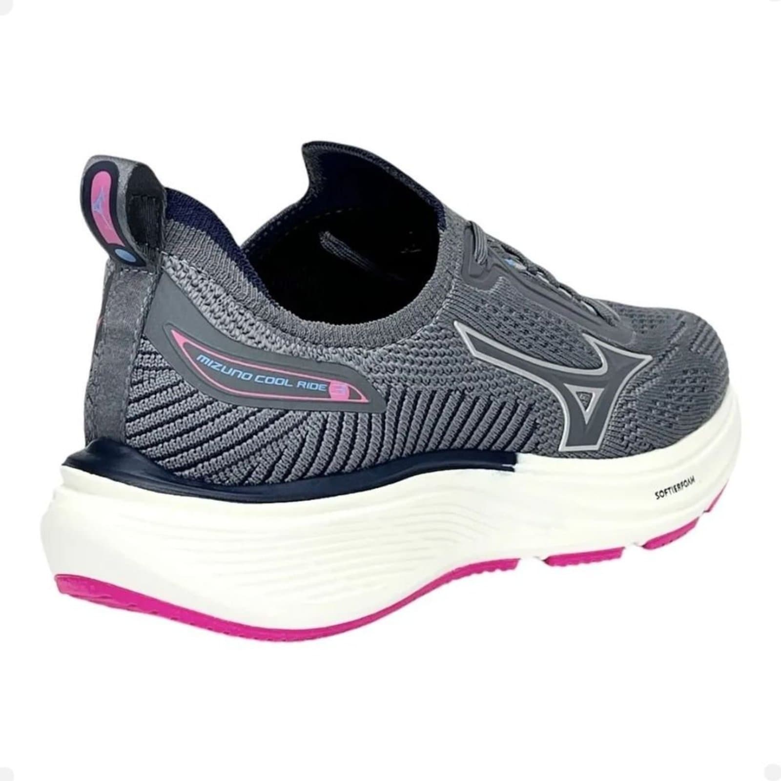 Tênis Mizuno Cool Ride 3 feminino cinza e rosa com solado branco e etiqueta.