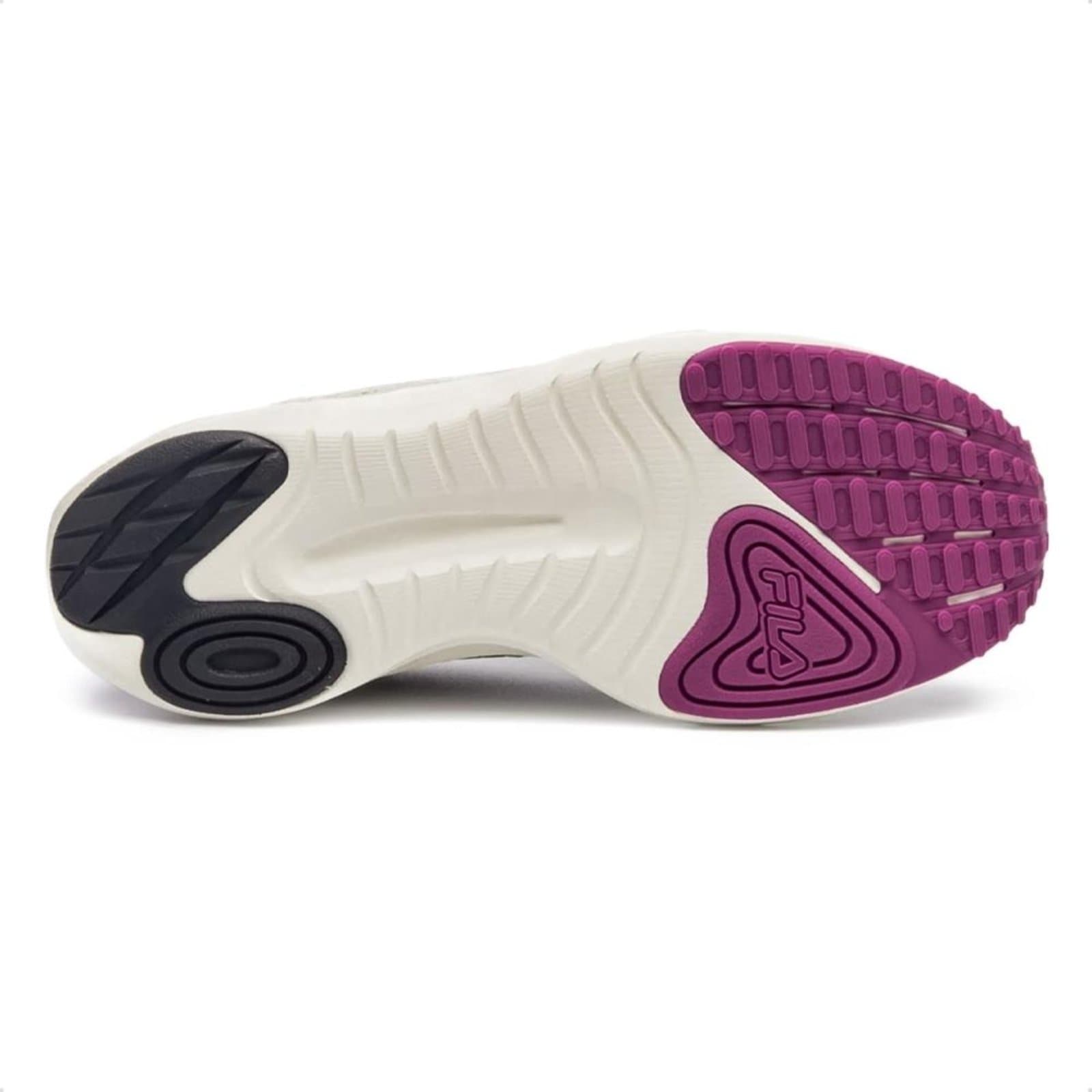 Sola do tênis Fila Fastness Corrida feminino, com design em preto e roxo.