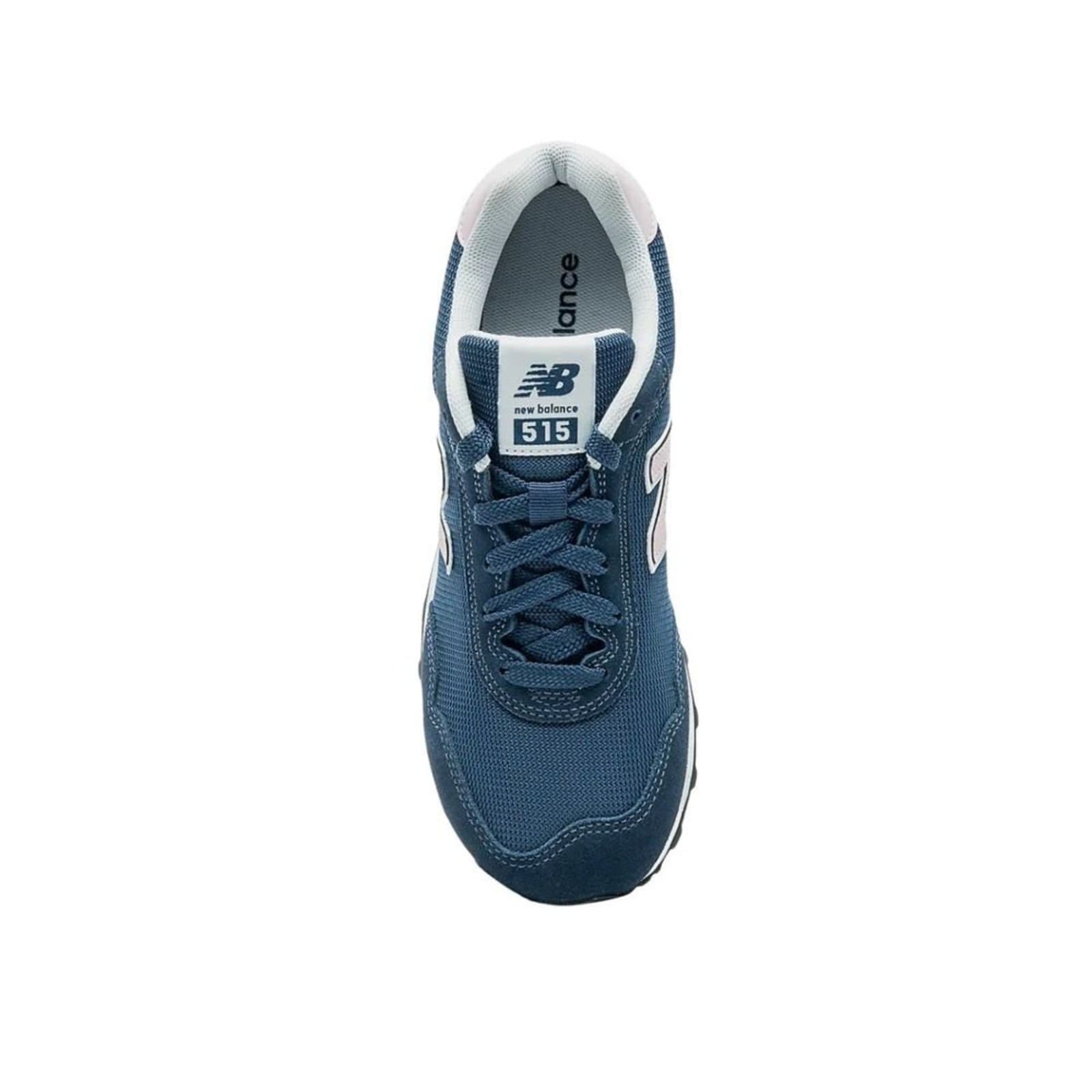 Detalhe do tênis New Balance 515v2 feminino azul marinho com logo branco.