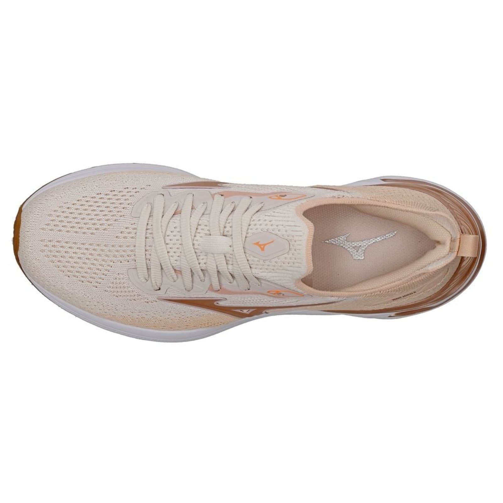 Tênis de corrida Mizuno Wave Mirai 8 feminino, cor bege e rosa, em fundo branco