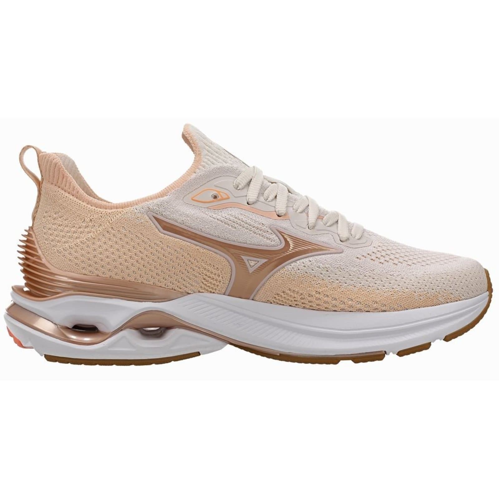 Tênis Mizuno Wave Mirai 8 feminino, cor bege e branco, estilo esportivo.