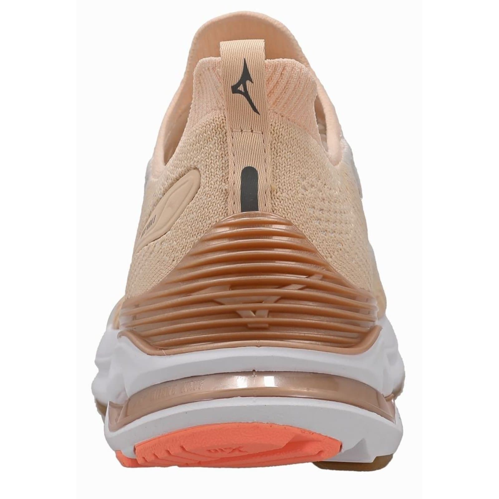 Tênis Mizuno Wave Mirai 8 feminino, vista traseira, cor bege e branco, sola laranja.