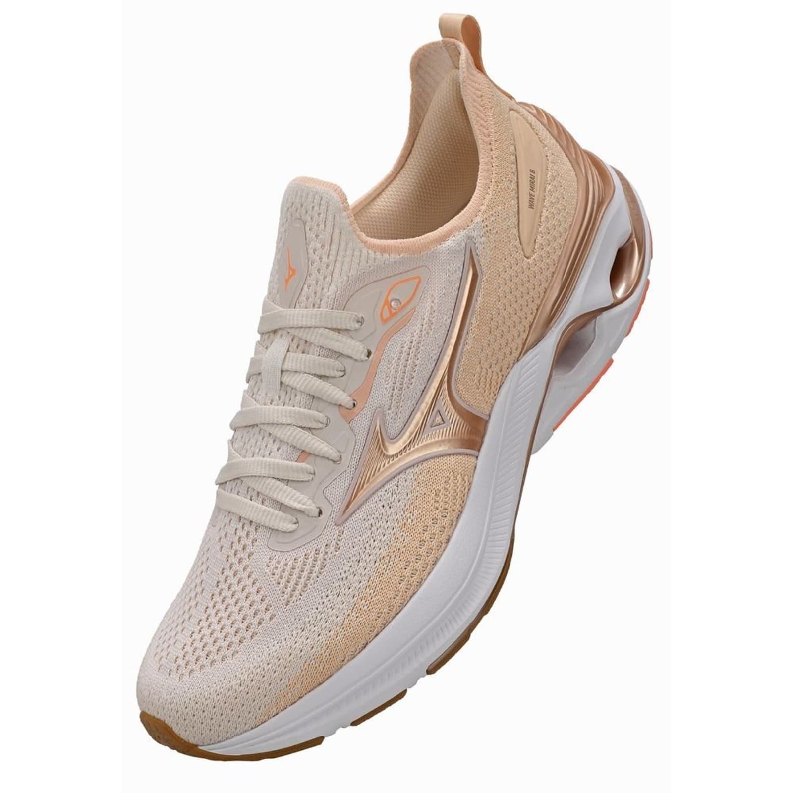 Tênis Mizuno Wave Mirai 8 feminino, cor bege e branco, com detalhes em dourado.