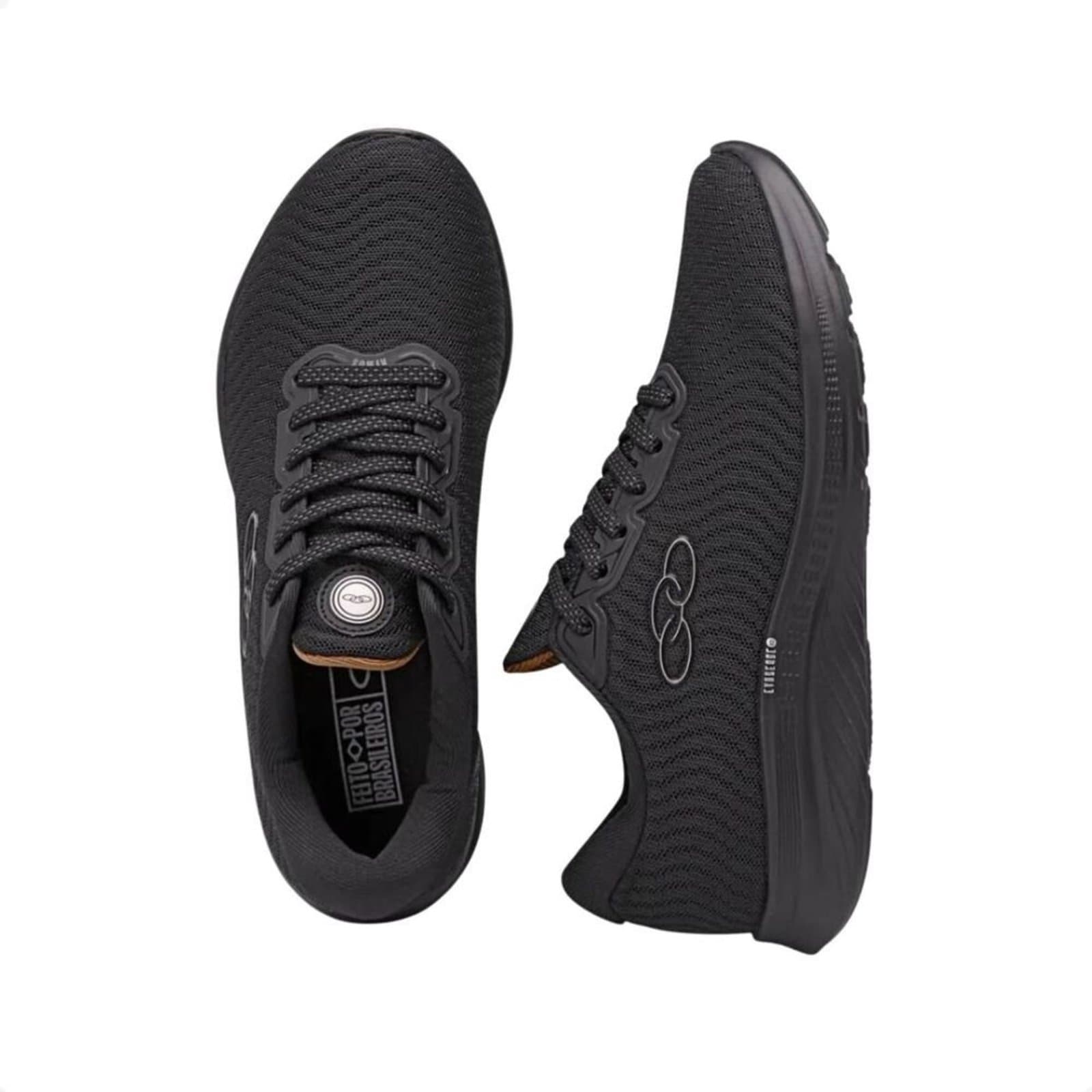 Par de tênis de corrida Olympikus Atmos feminino preto com tecnologia Evasense.