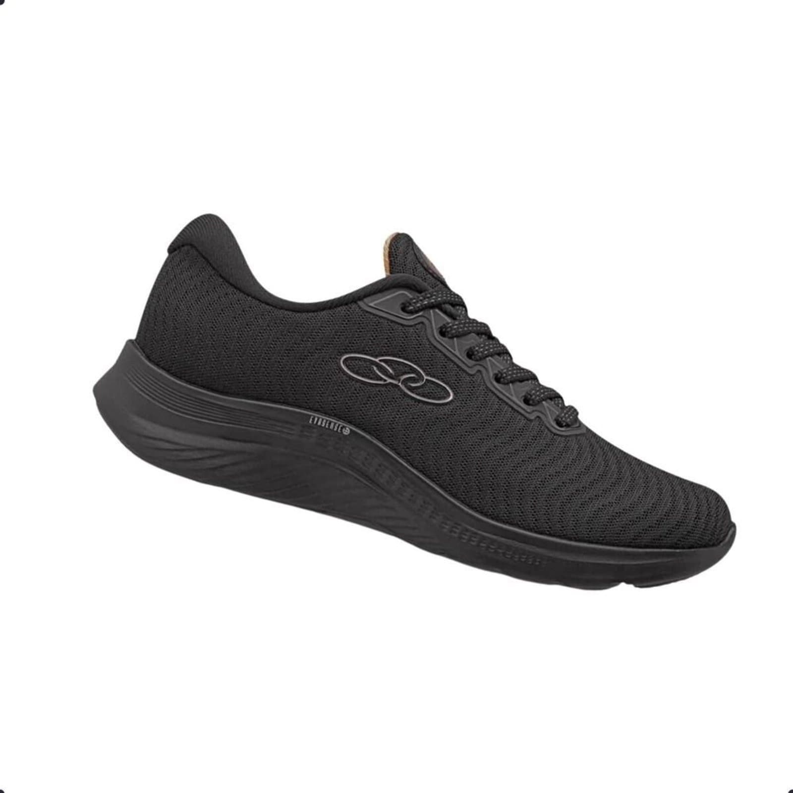 Tênis de corrida feminino Olympikus Atmos preto com tecnologia Evasense, vista lateral.