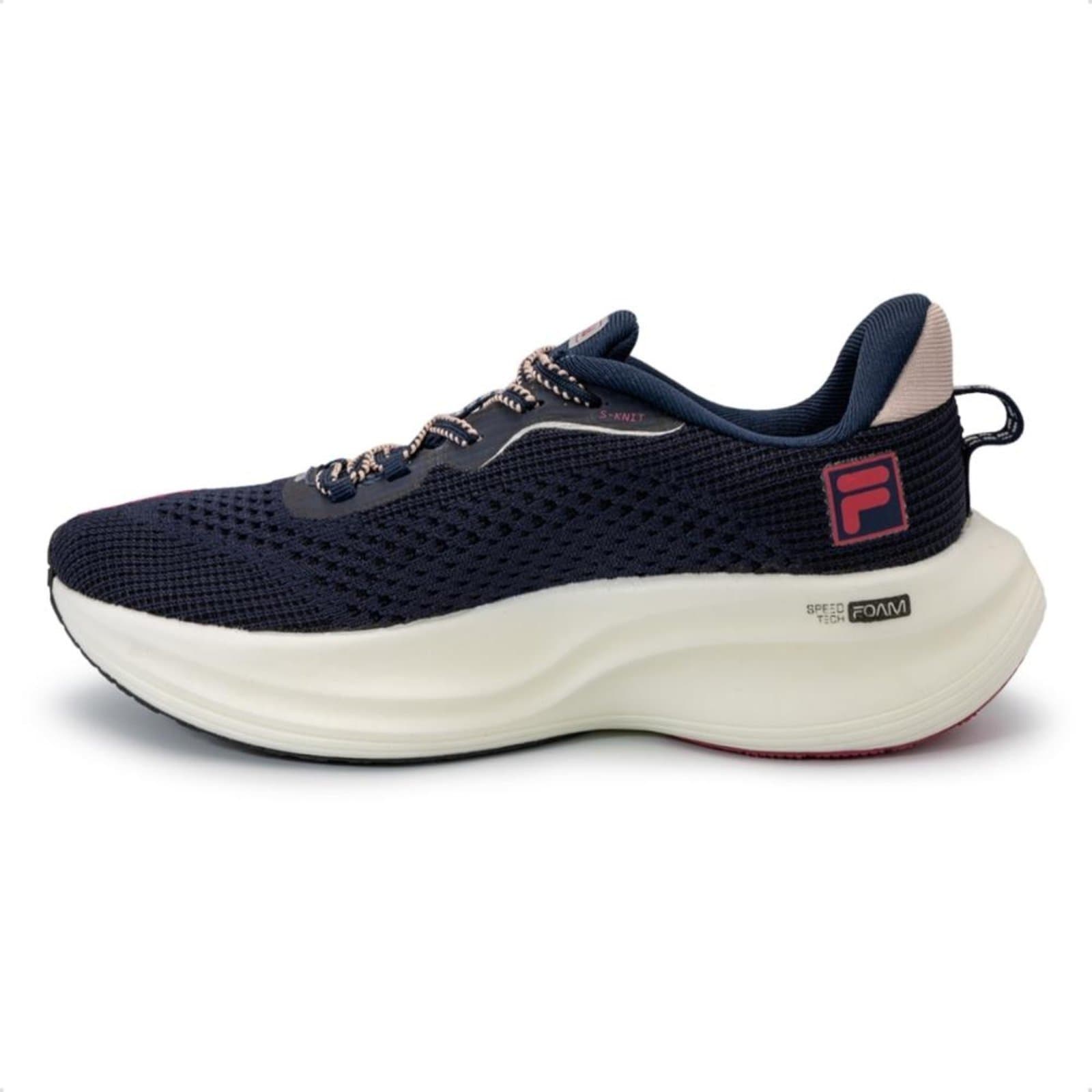 Tênis Fila Racer Speedzone feminino azul marinho e rosa com tecnologia Speed Foam.