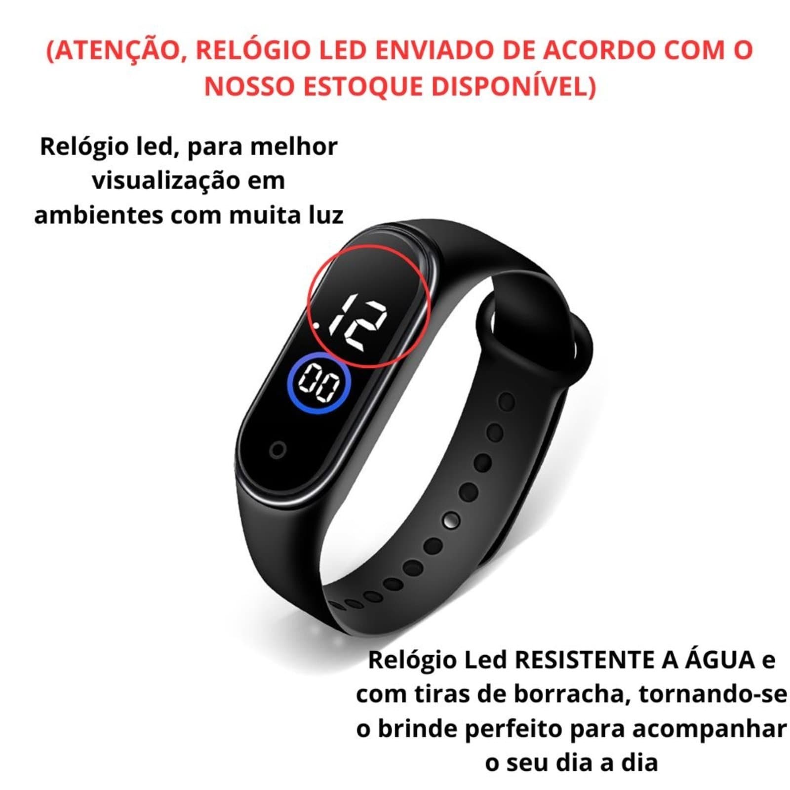 Relógio LED resistente à água para acompanhar seu dia a dia, preto.