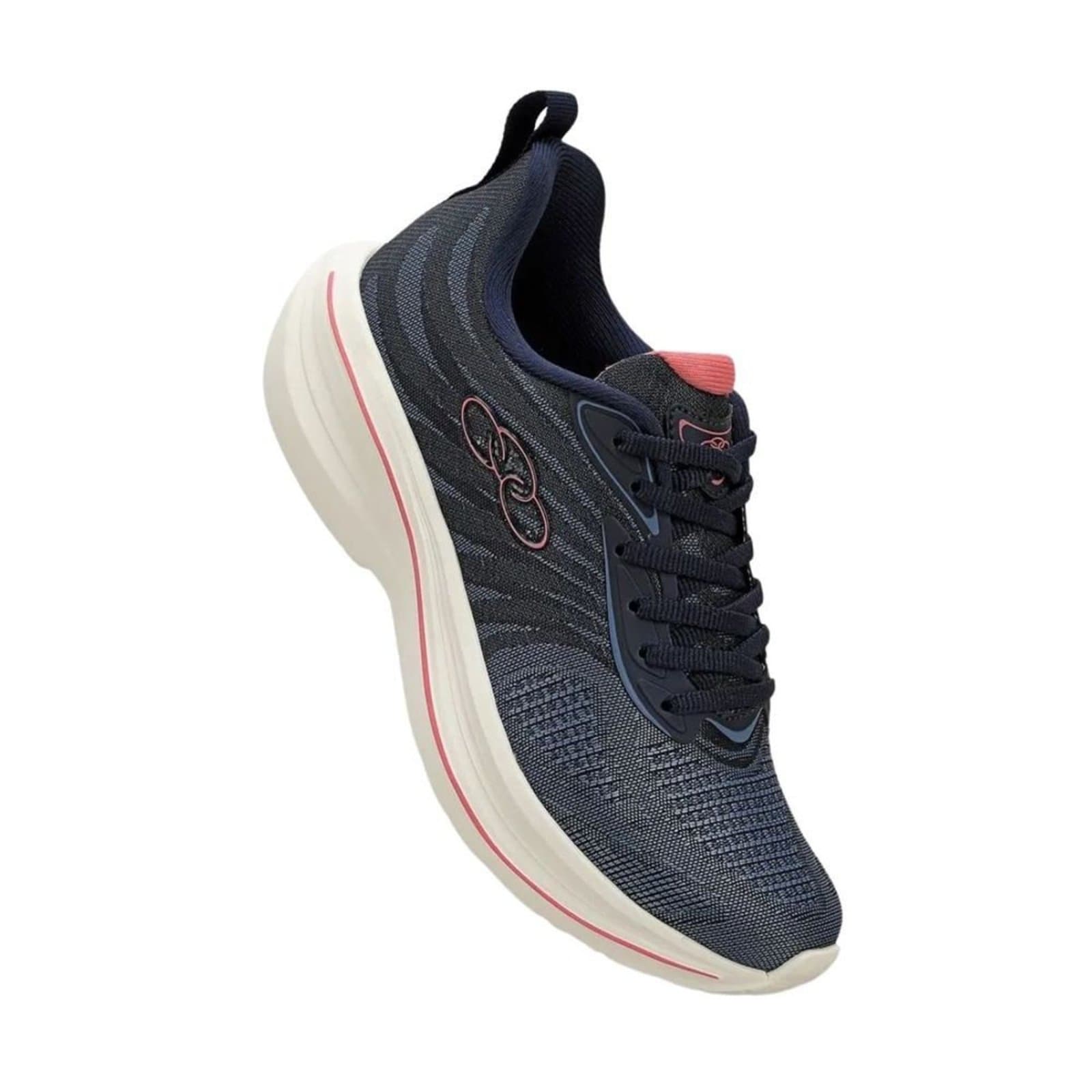 Tênis de corrida feminino Olympikus Bruma Azul com design em malha azul e detalhes rosa e branco