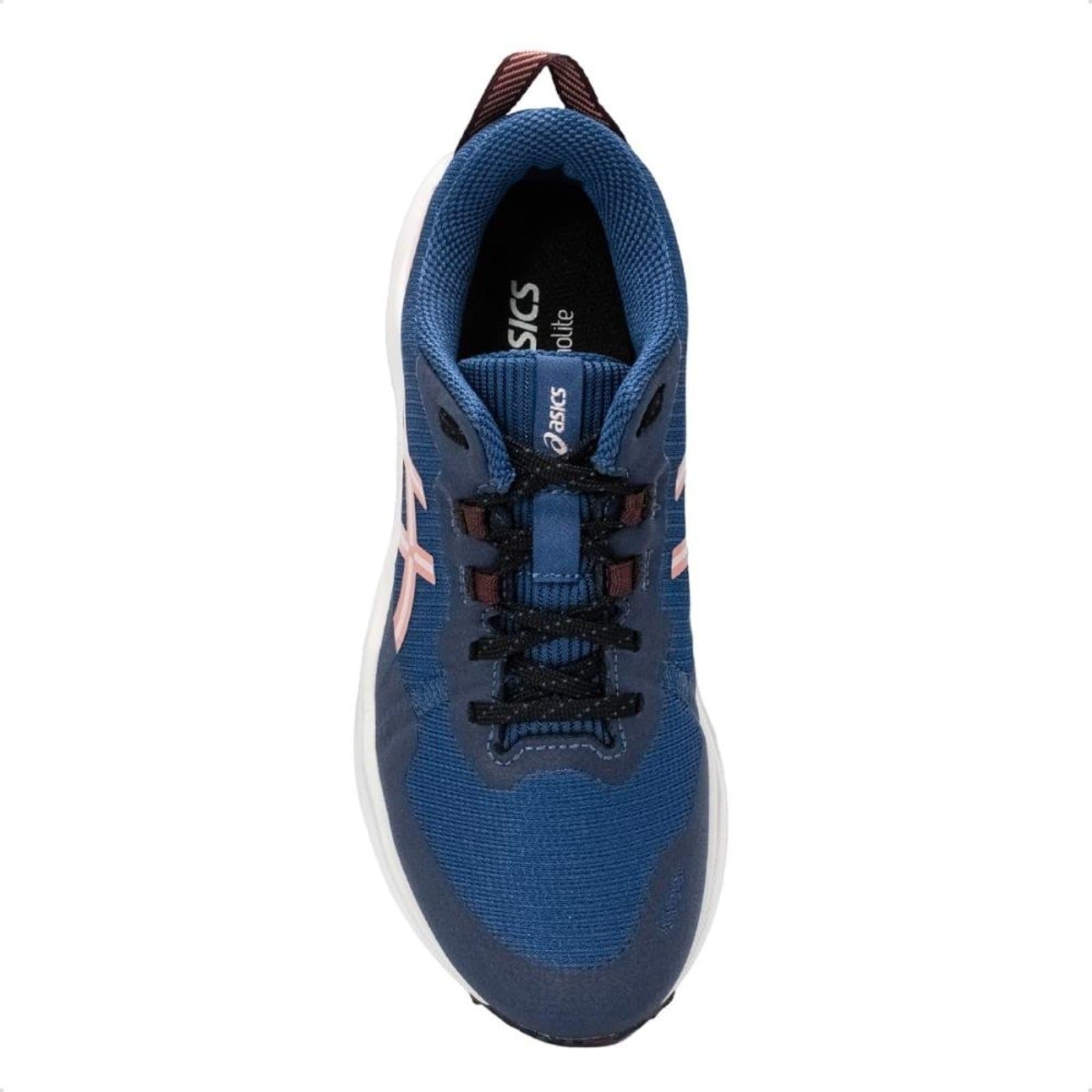 Detalhe do tênis Asics Gel-Venture 11 feminino azul, com design em mesh e sola branca.