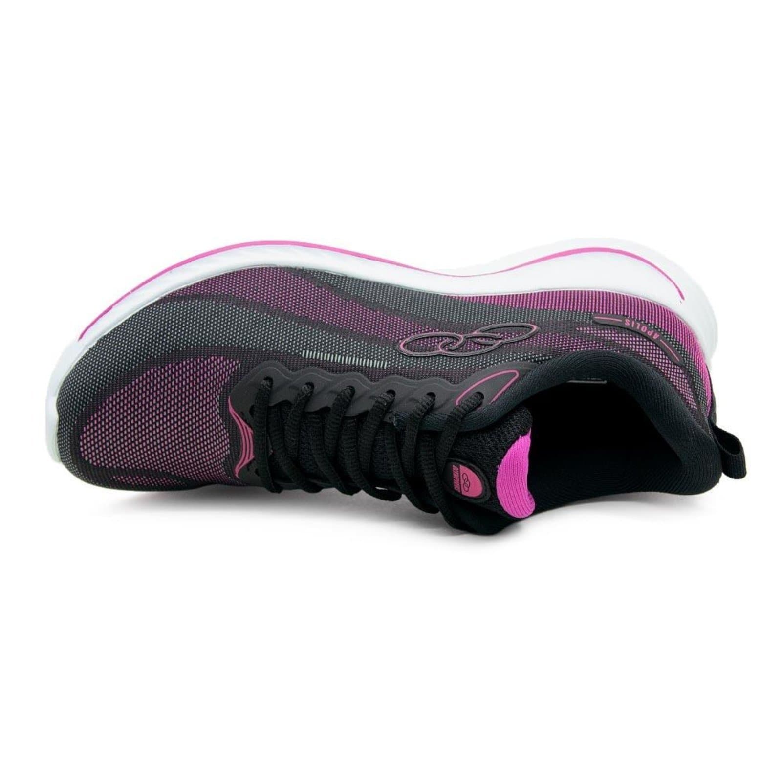 Tênis Olympikus Apolis feminino casual preto com detalhes rosa e logo na lateral.