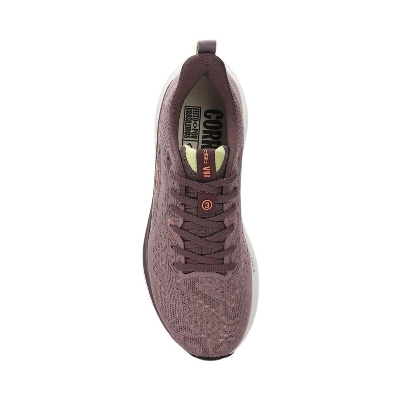 Tênis Olympikus Voa 3 feminino roxo, com etiqueta e grafismos internos visíveis.