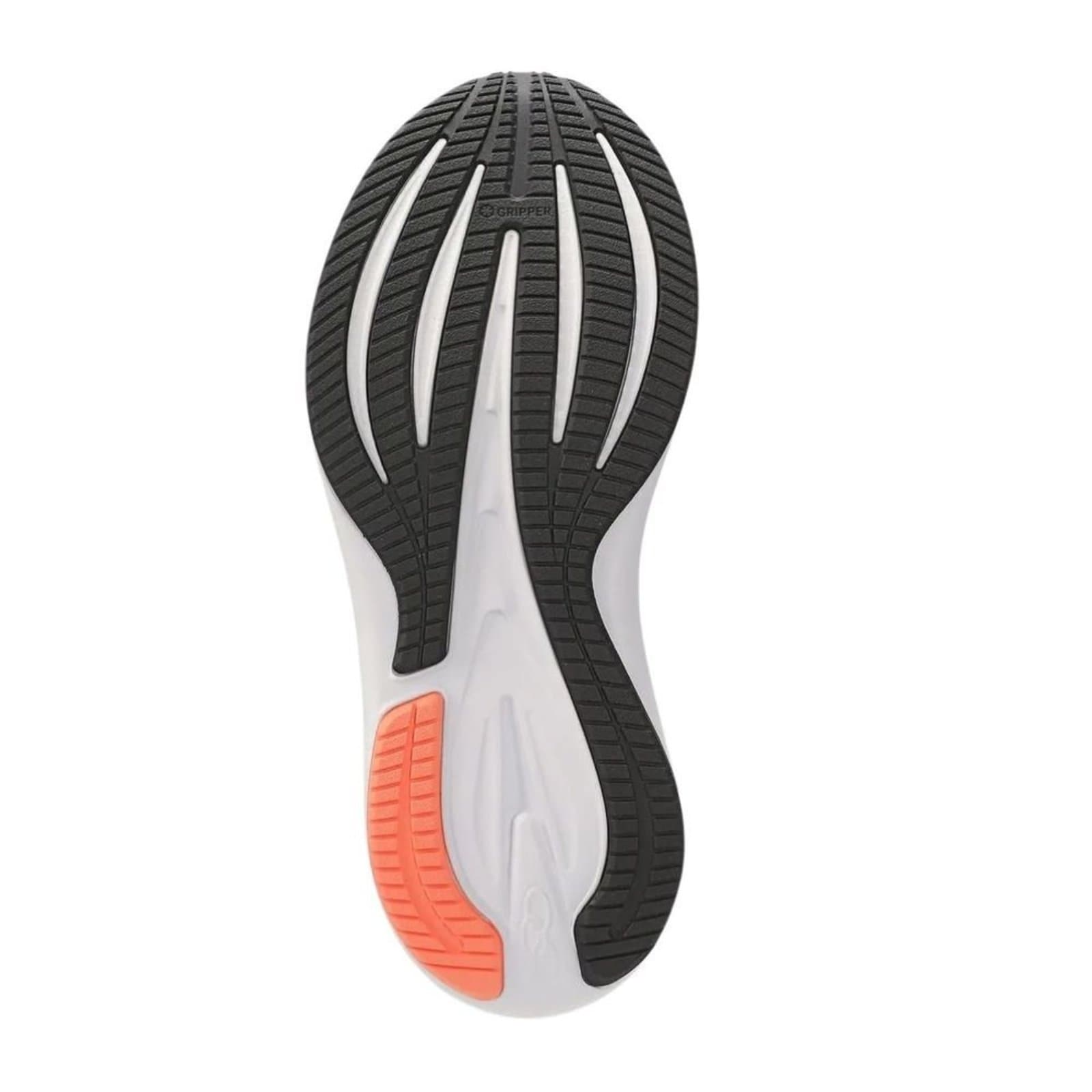 Sola do tênis Olympikus Voa 3 feminino, com detalhes em preto, branco e laranja.