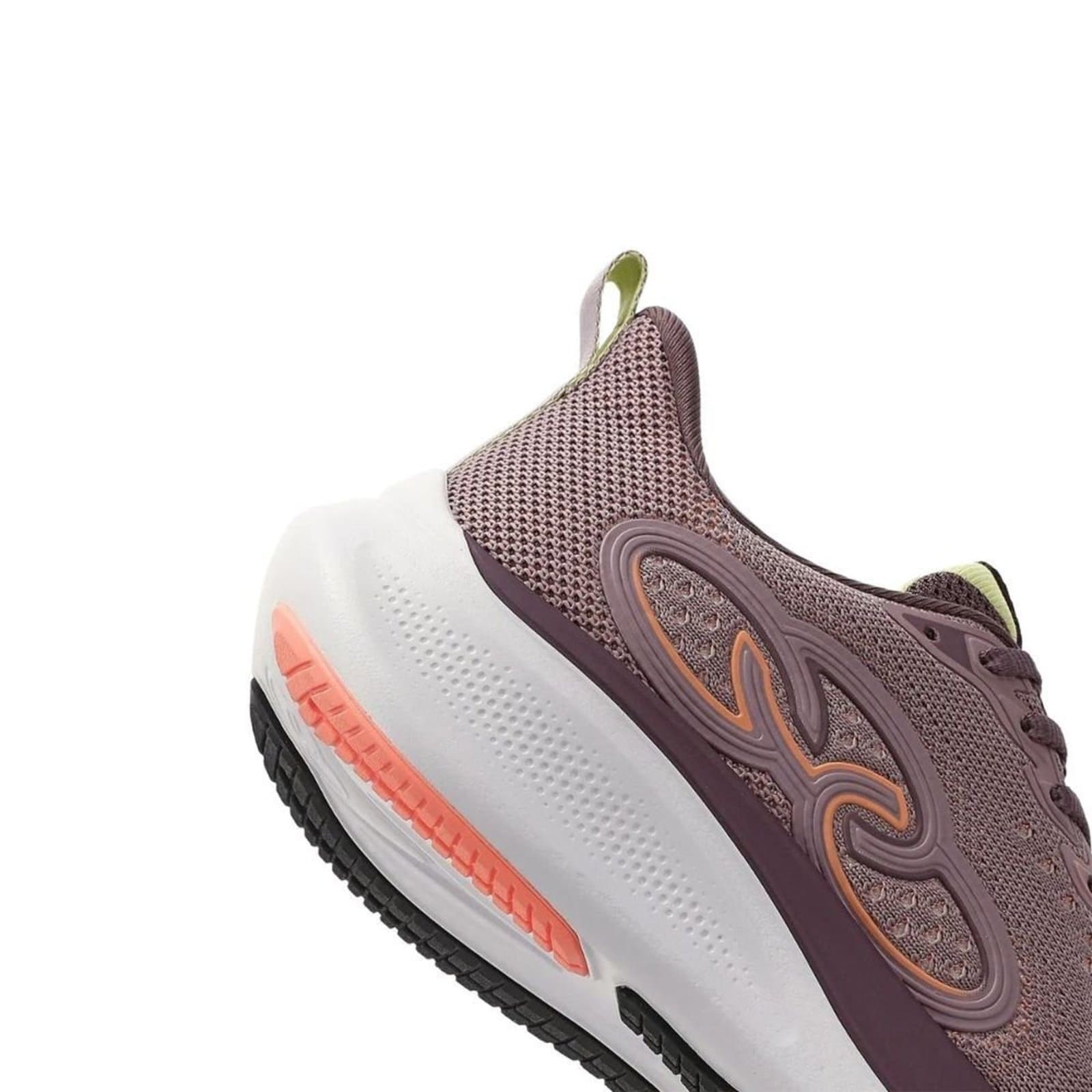 Detalhe lateral do tênis Olympikus Voa 3 feminino roxo, com sola branca e laranja.