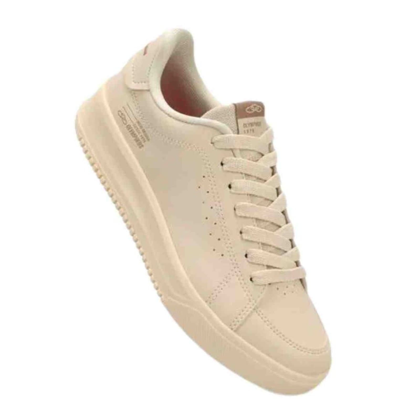 Tênis casual feminino Olympikus Eros 2 bege com sola espessa e design minimalista