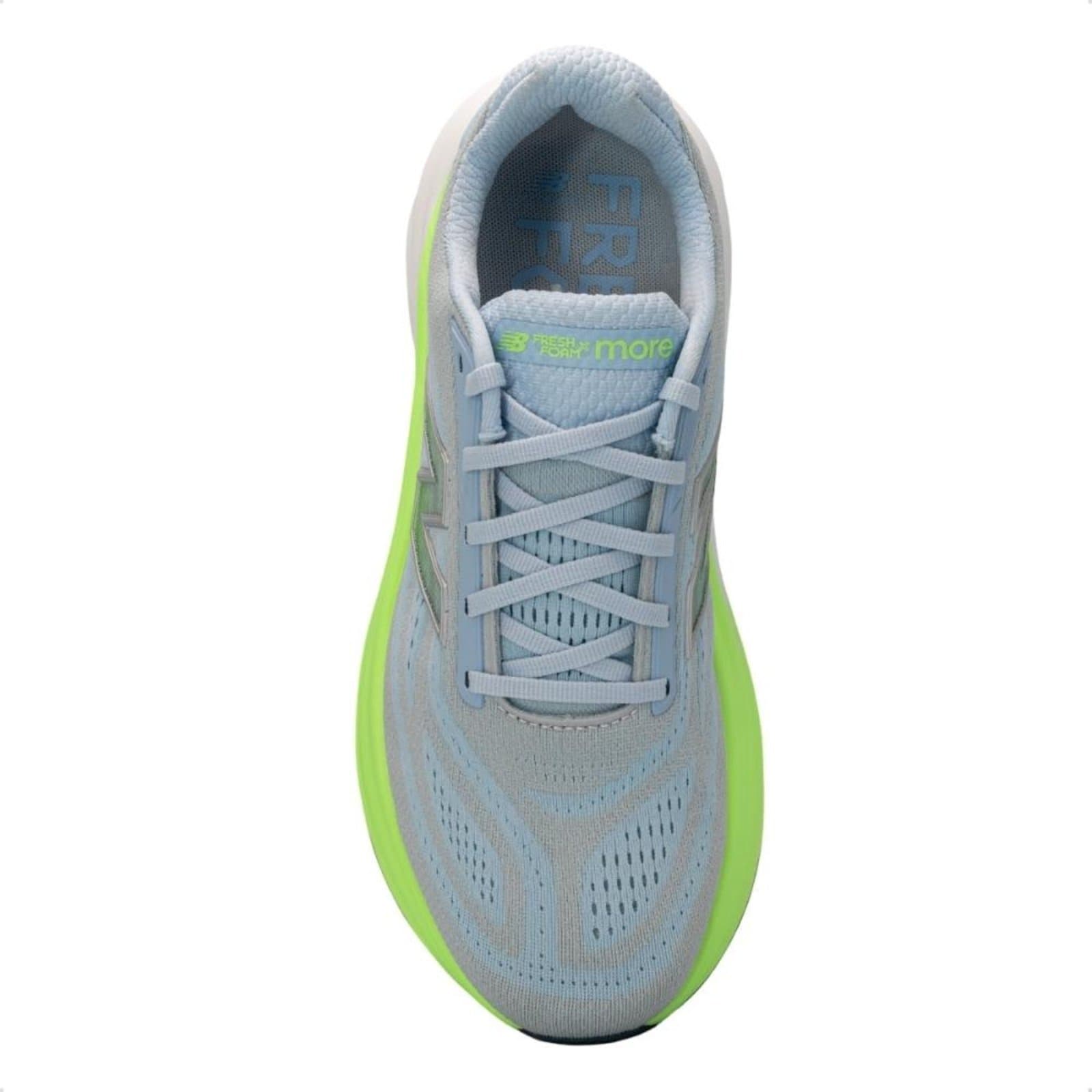 Detalhe do tênis New Balance Fresh Foam X More V6, mostrando a sola verde.