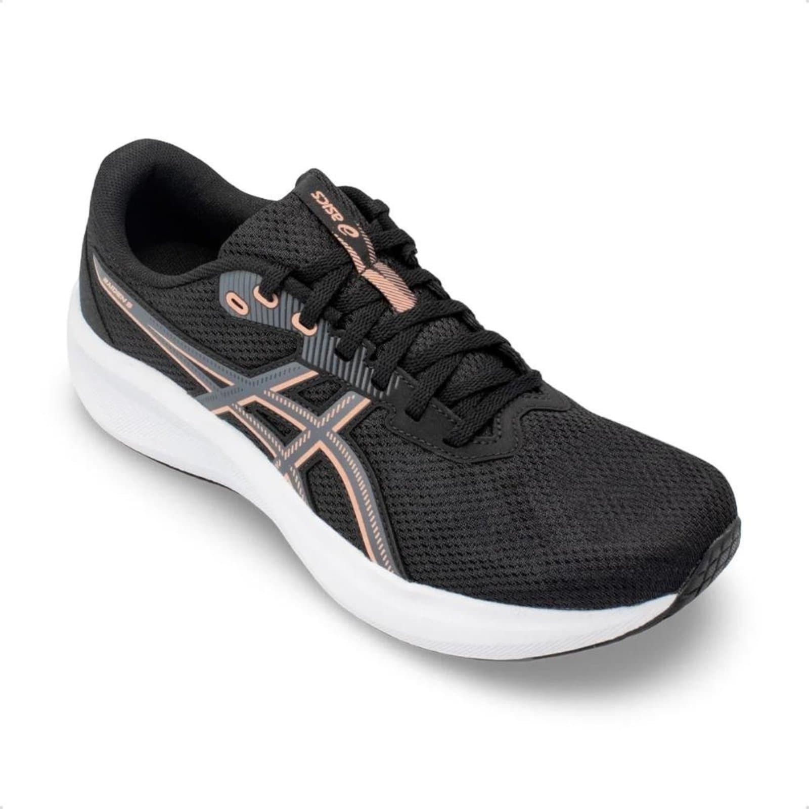 Tênis Asics feminino Raiden 5 Corrida preto e cinza com logo ASICS