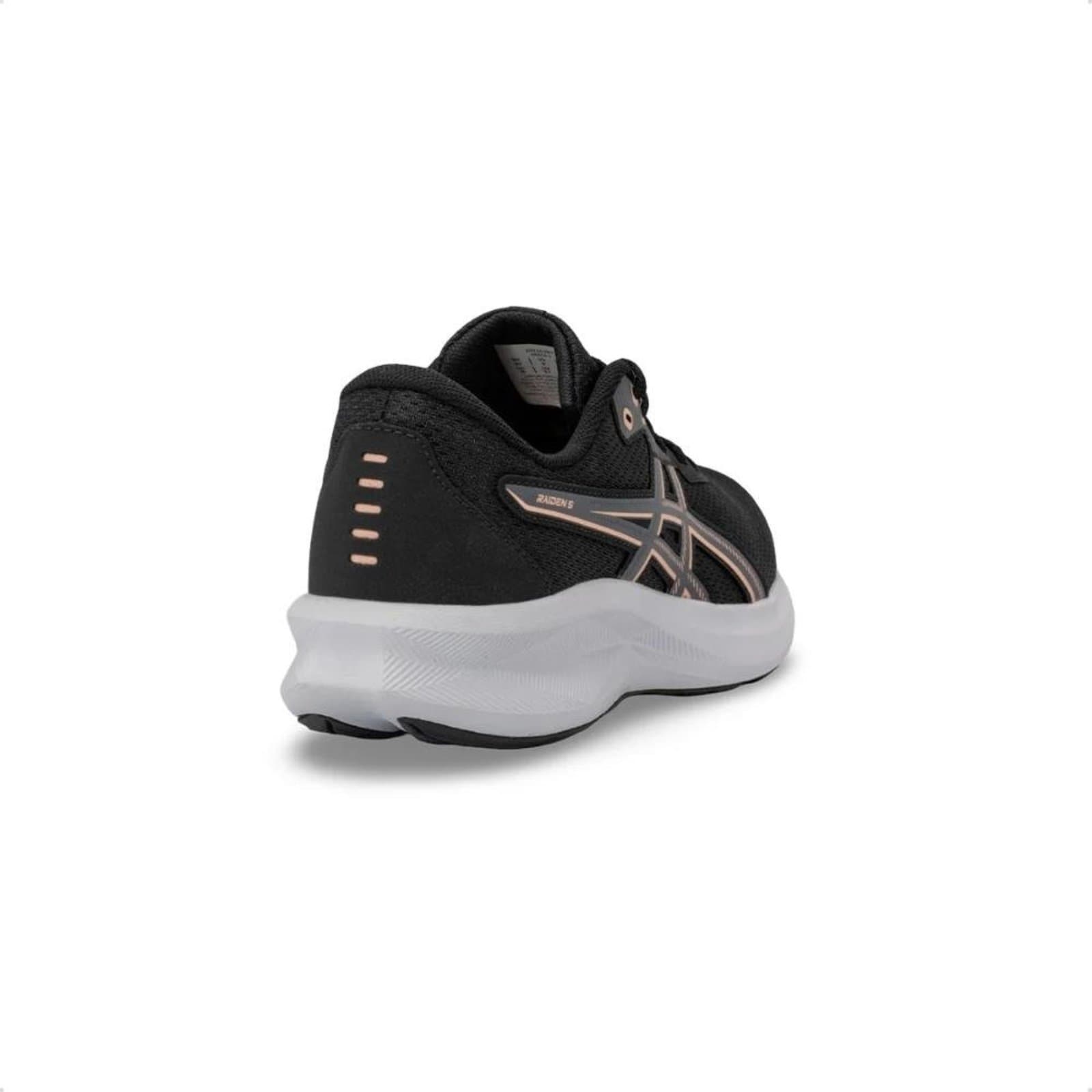 Tênis Asics Raiden 5 feminino preto com solado branco e detalhes em rosa.