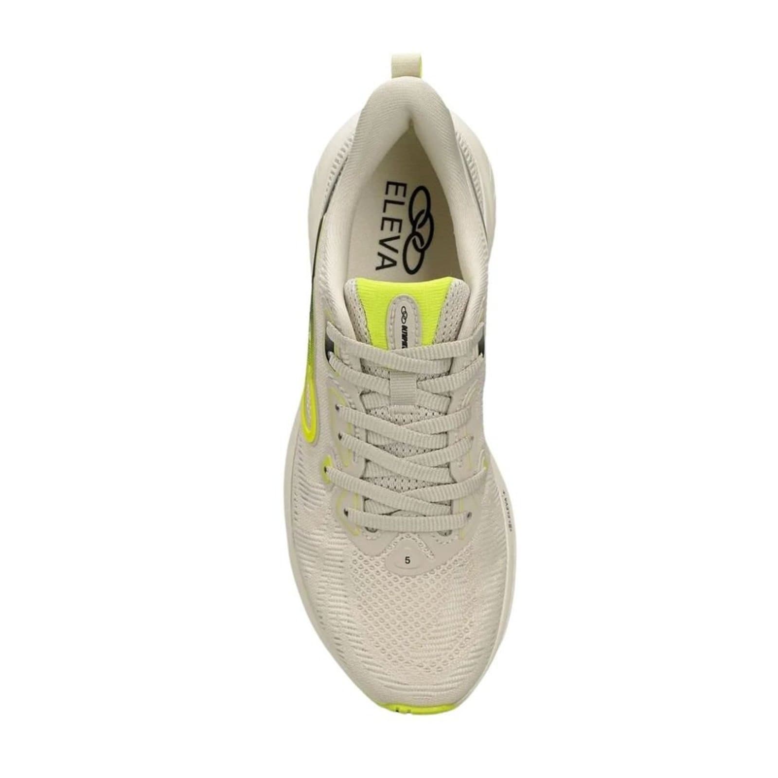 Tênis de corrida Olympikus Swift 5 feminino, cor bege e detalhes neon.