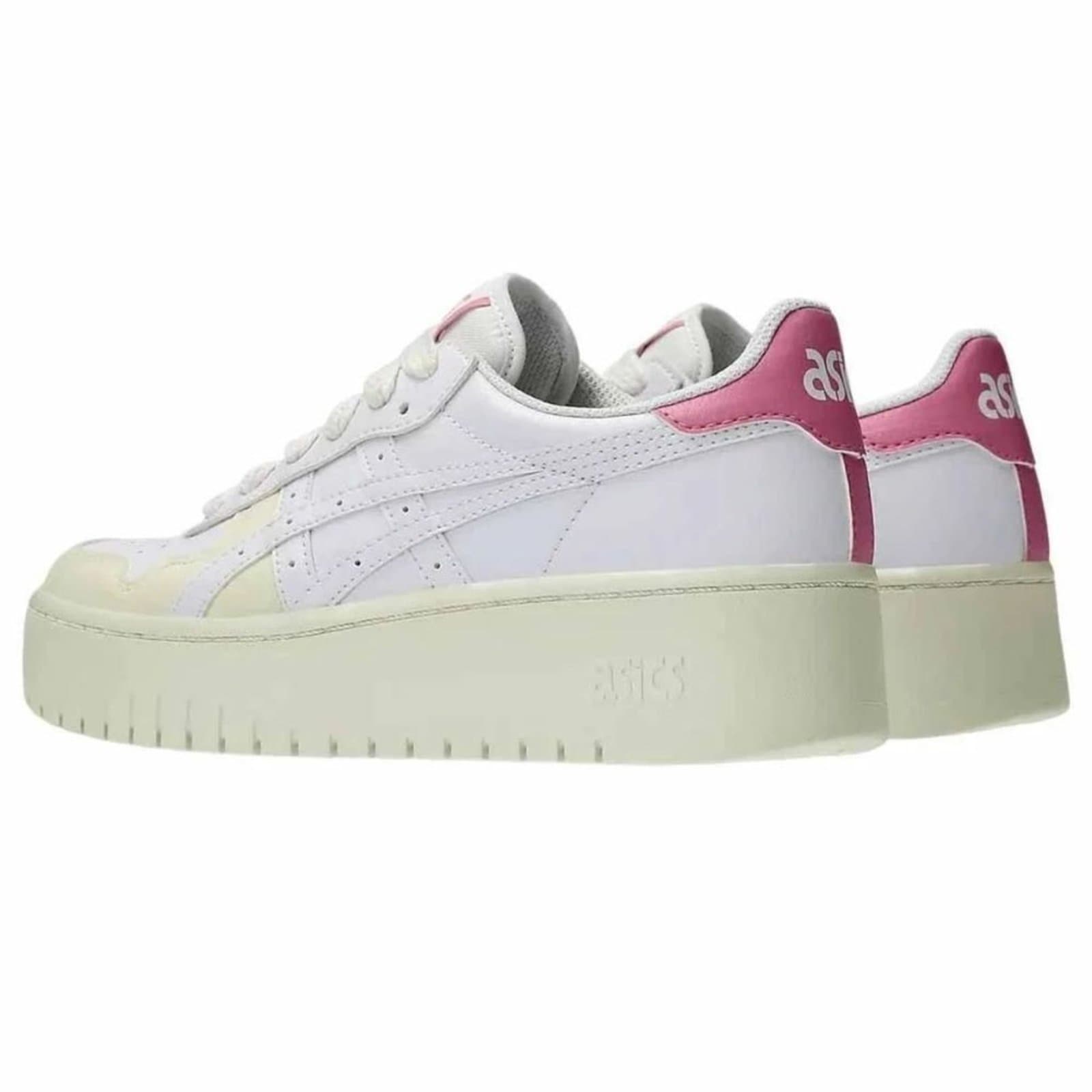 Tênis casual feminino branco e rosa da ASICS, com sola plataforma.
