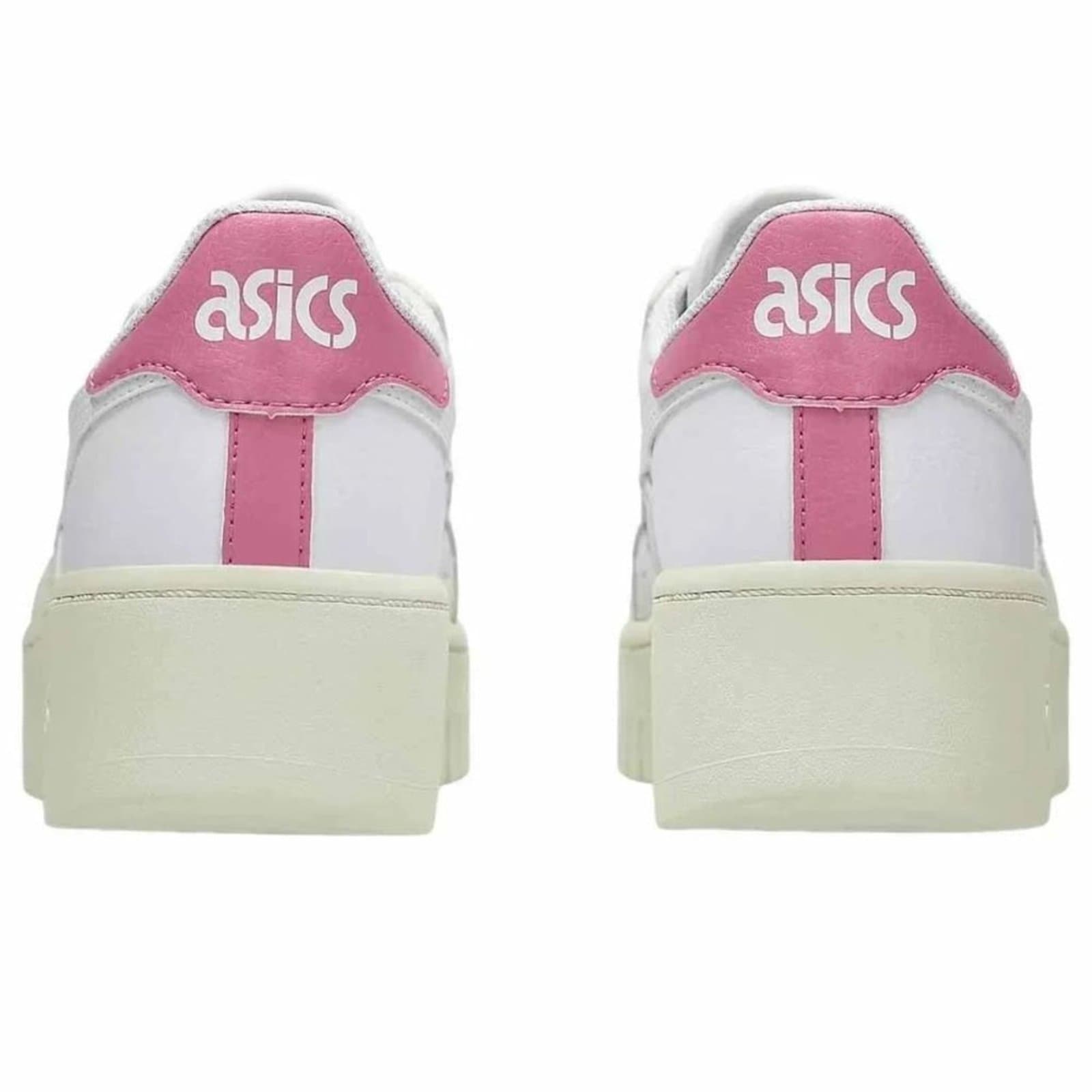 Vista traseira do tênis casual feminino branco e rosa da ASICS.