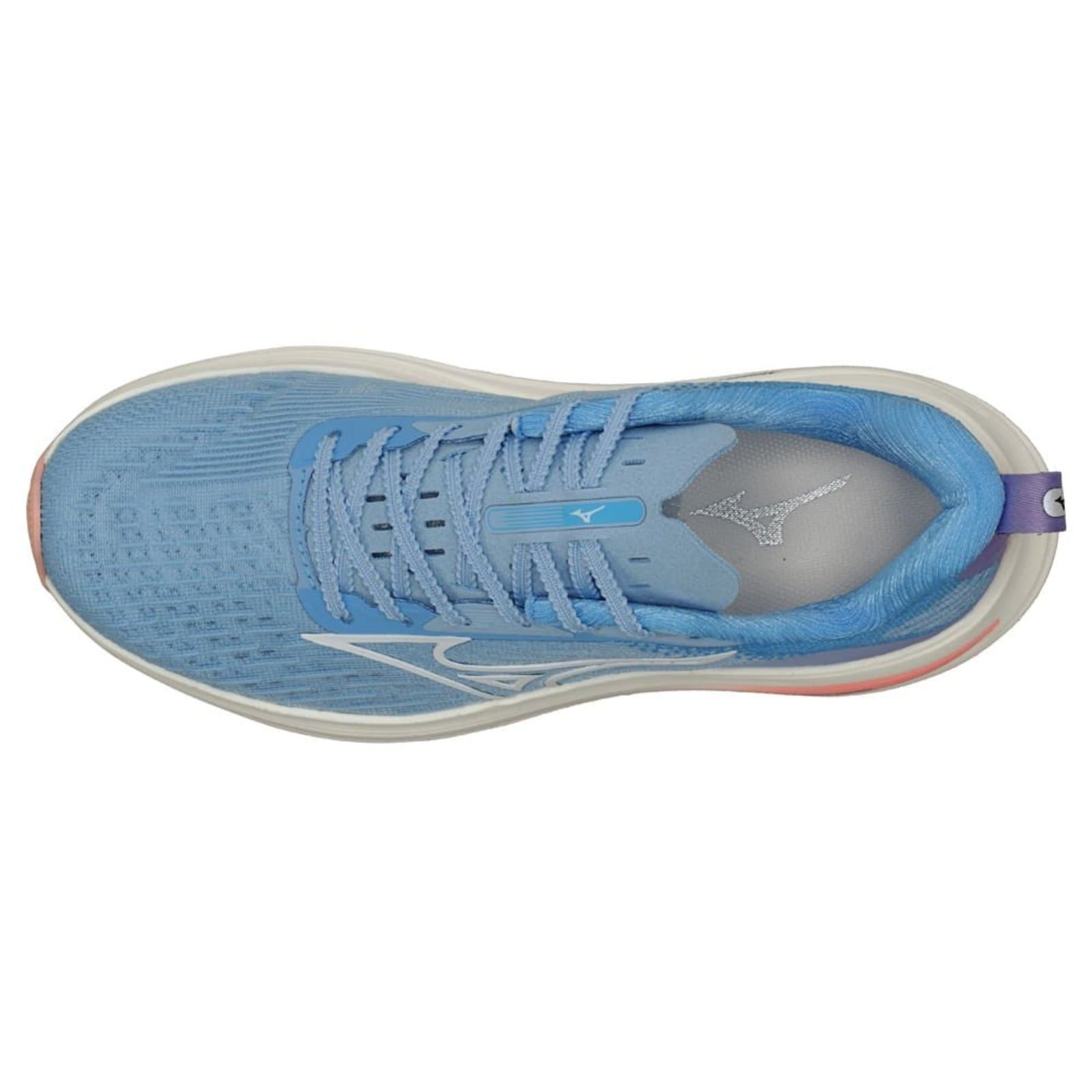 Tênis de corrida Mizuno Neo Aura feminino em azul e branco com detalhes rosa