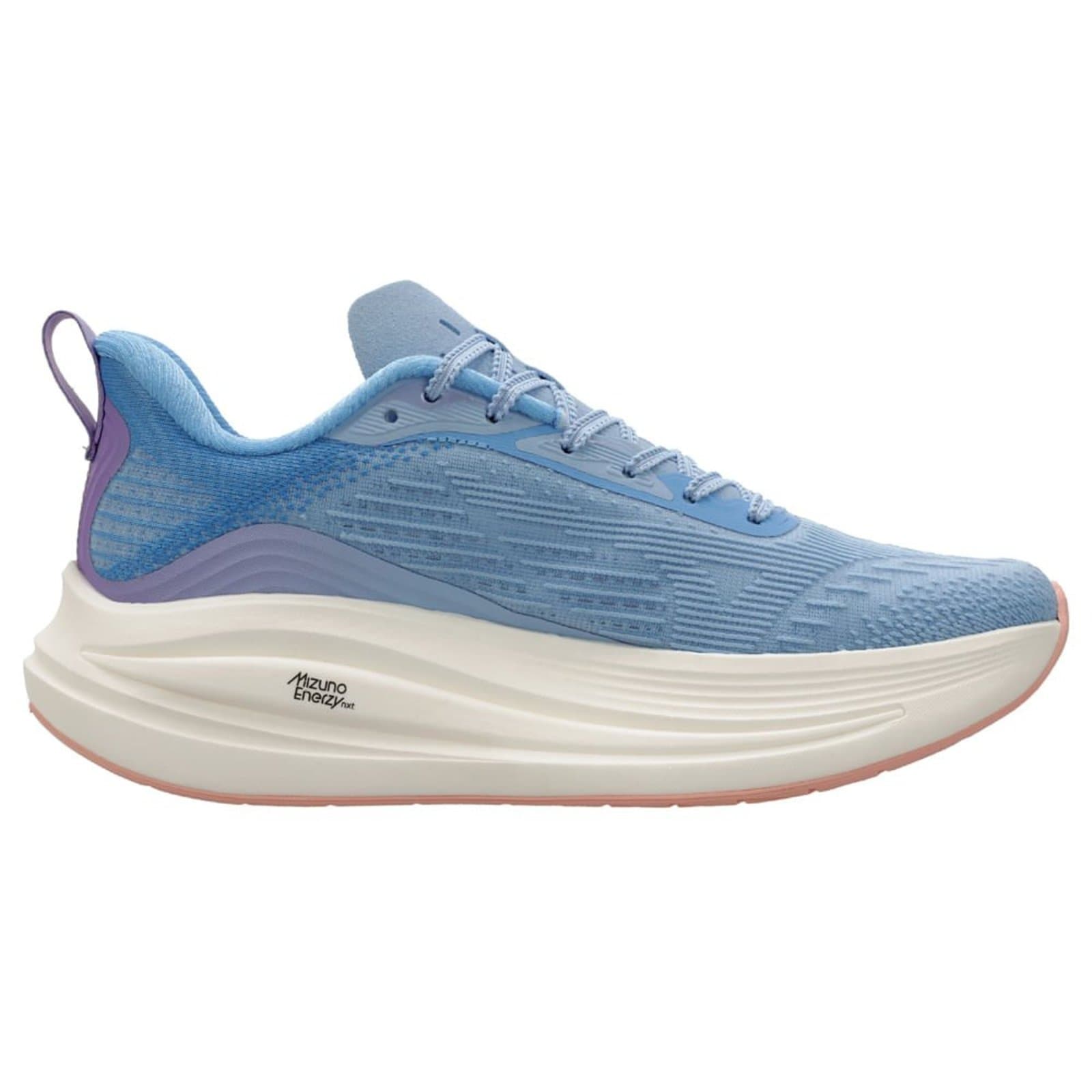 Tênis Mizuno Neo Aura feminino azul e branco com sola rosa e branco.