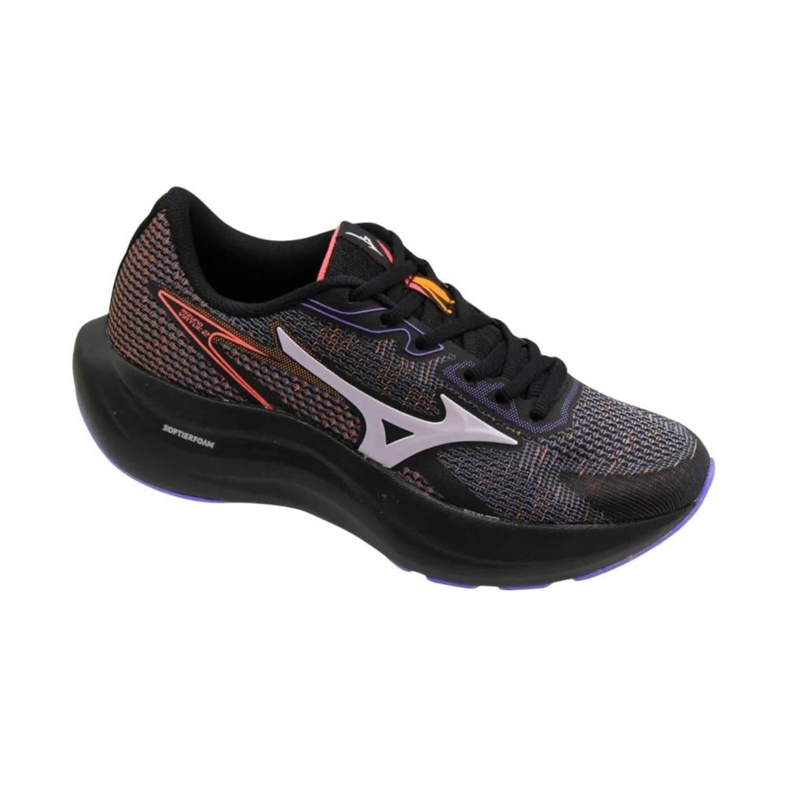 Tênis Corrida Feminino Mizuno Virtue 2 Preto, frontal com detalhes em vermelho e branco, design esportivo, solado preto.