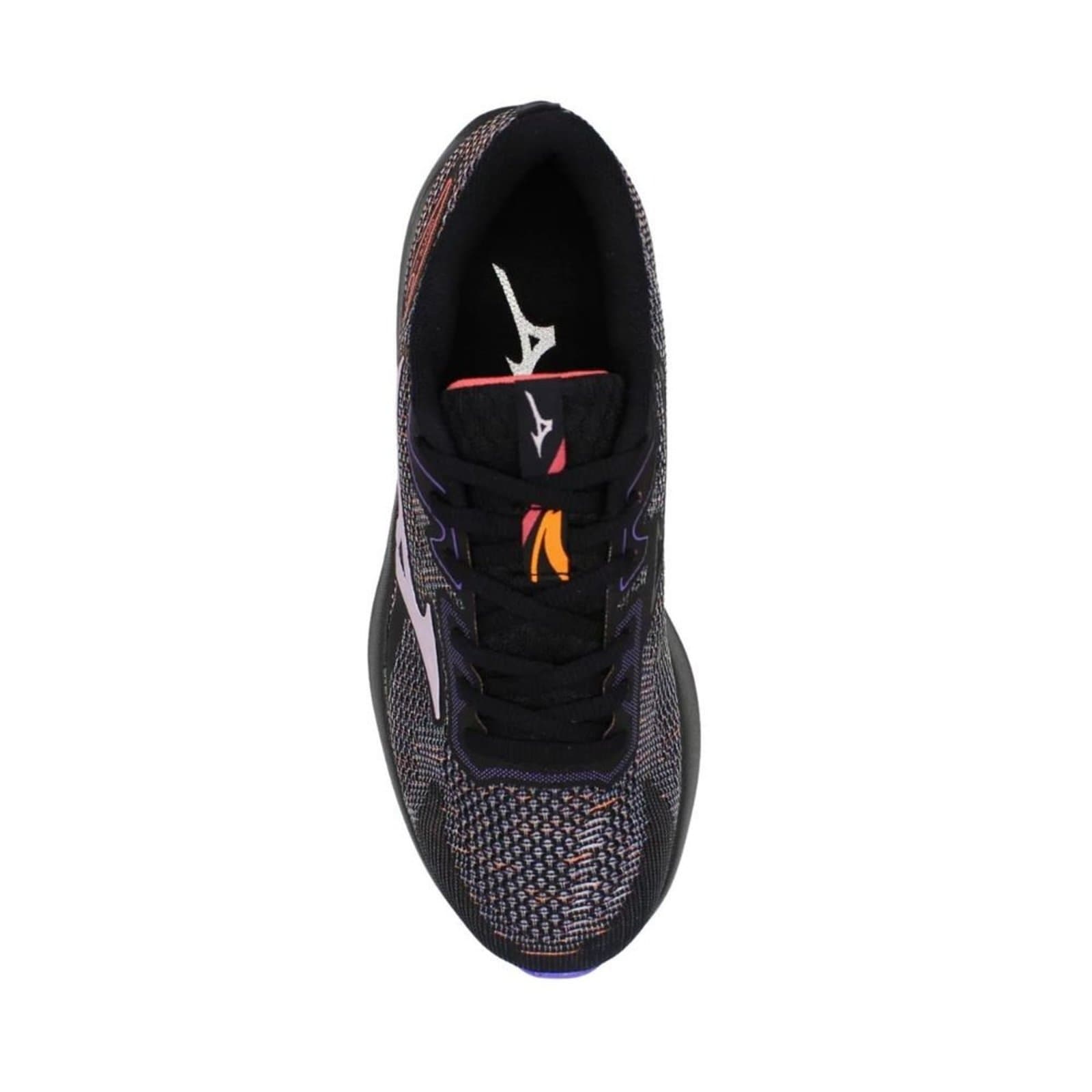 Tênis Mizuno Virtue 2 para corrida feminino preto com detalhes em vermelho e azul.