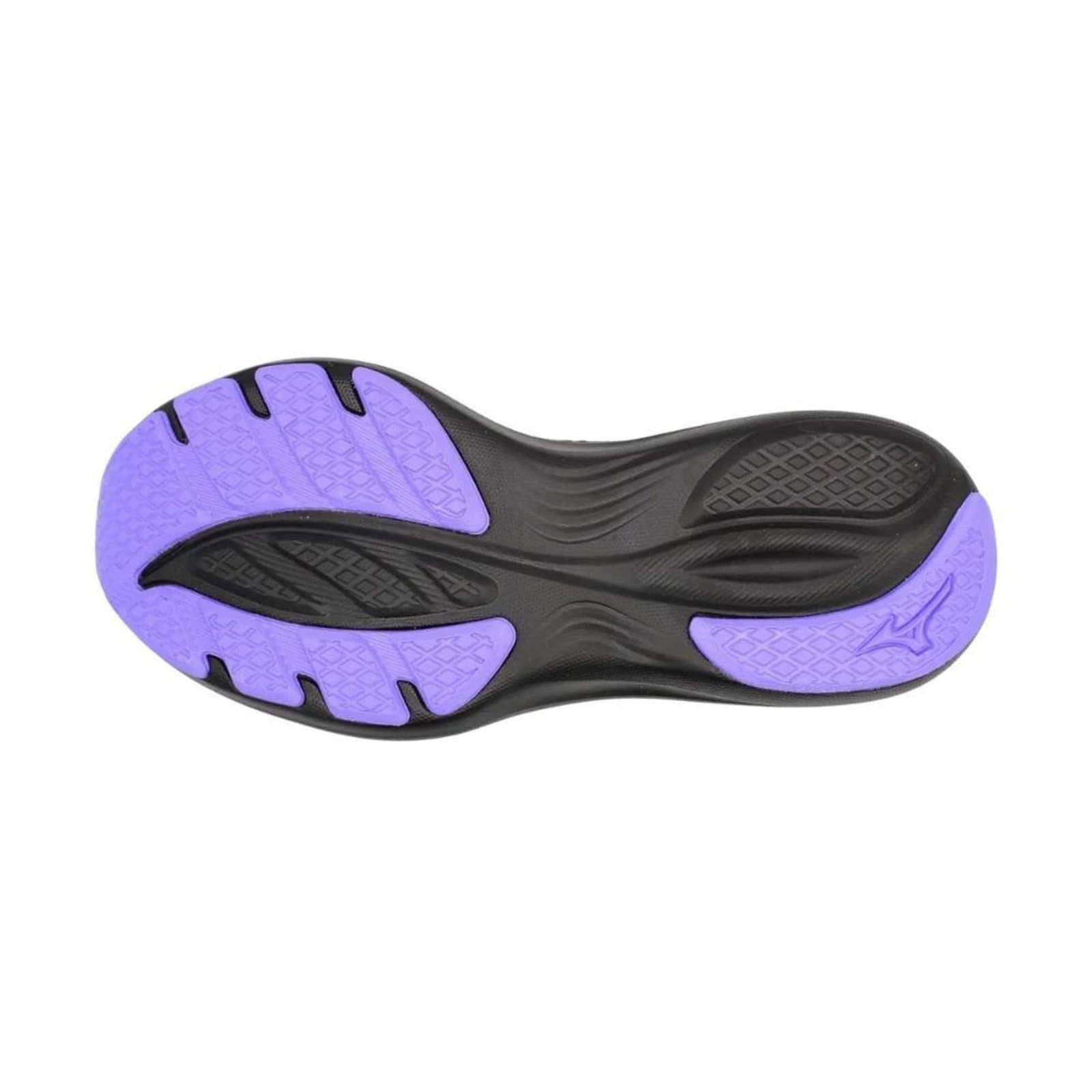 Sola do tênis Mizuno Virtue 2 para corrida feminino preto com detalhes em vermelho e azul.