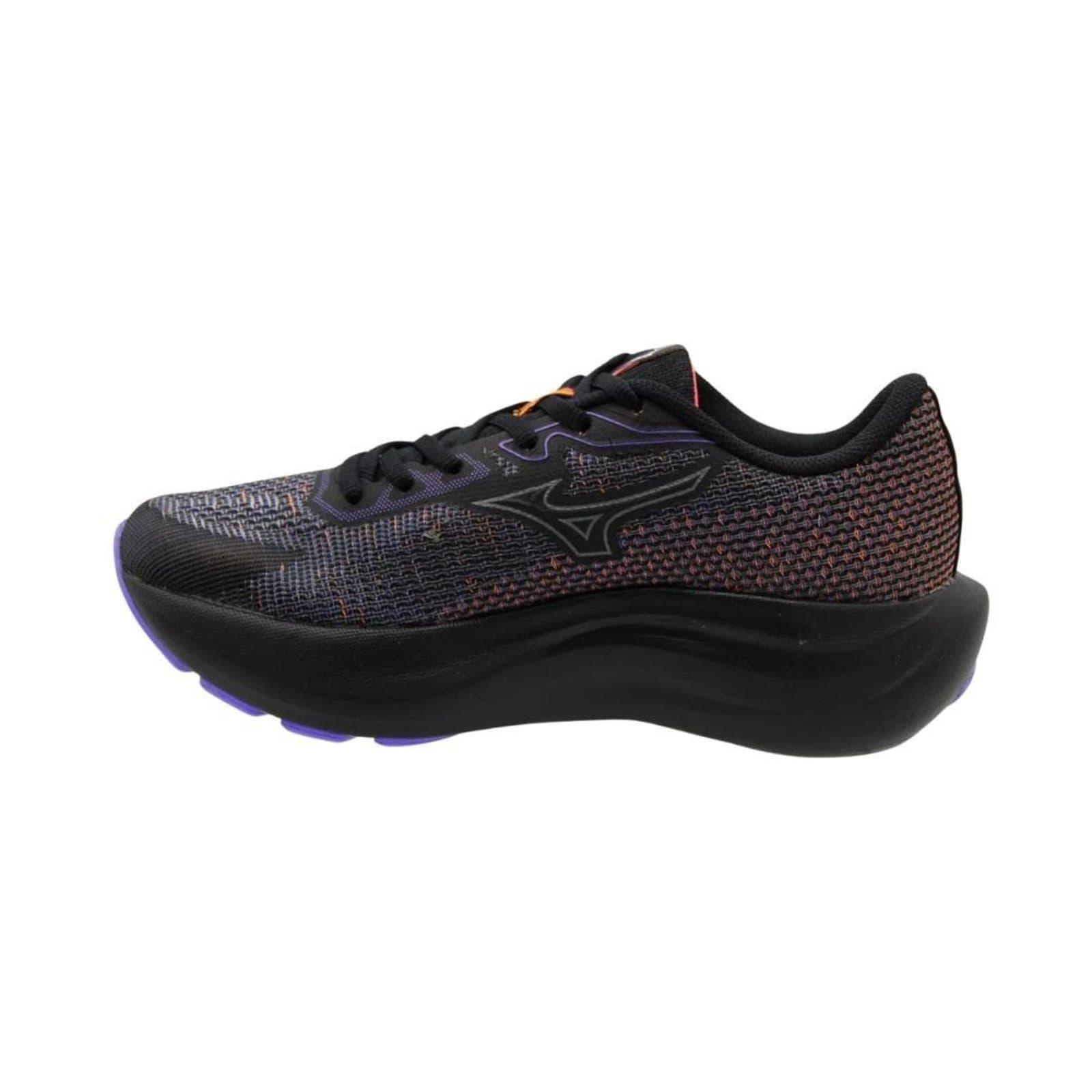 Tênis Mizuno Virtue 2 para corrida feminino preto com detalhes em vermelho e azul.