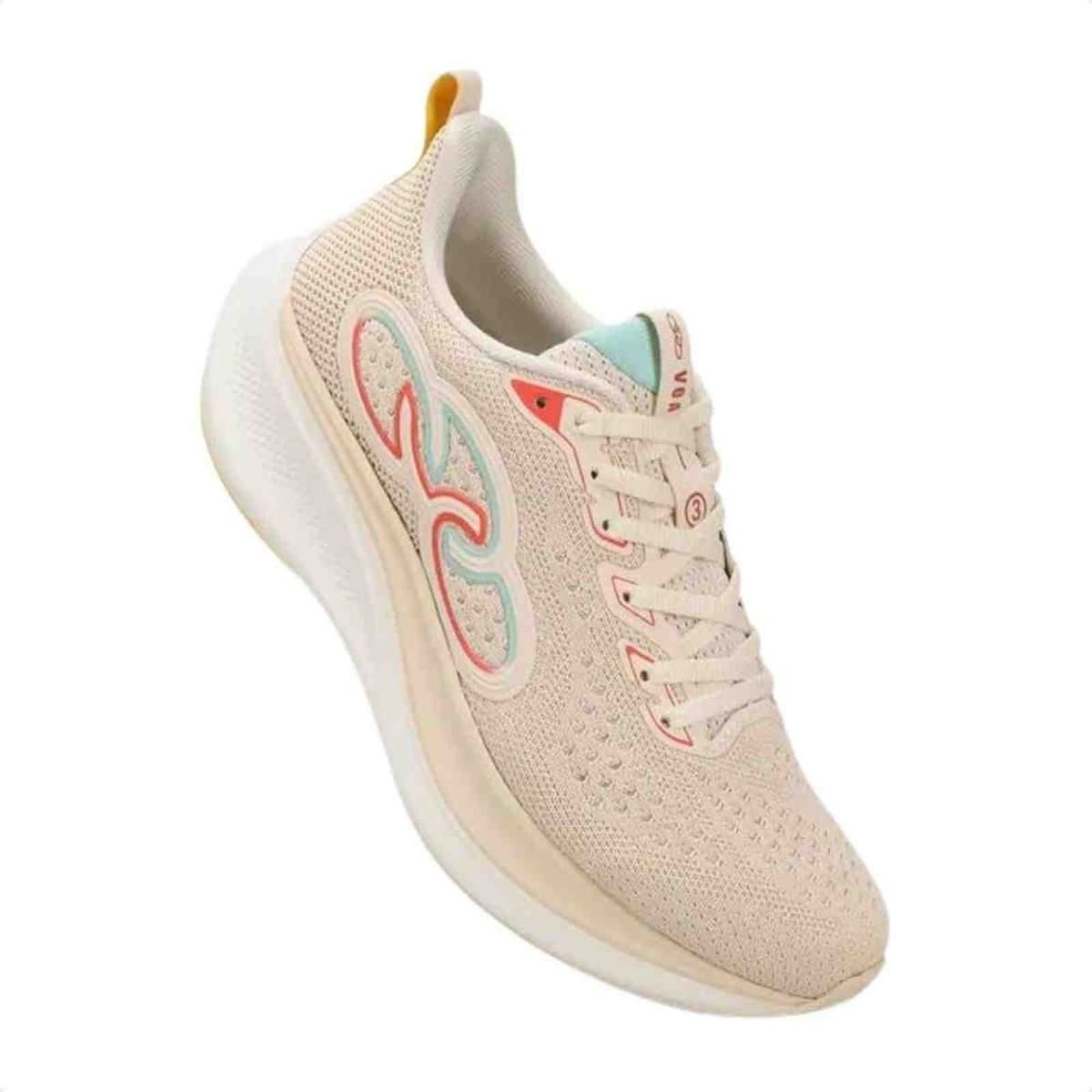 Tênis de corrida feminino Olympikus Voa 3, cor bege com detalhes coloridos, ângulo frontal