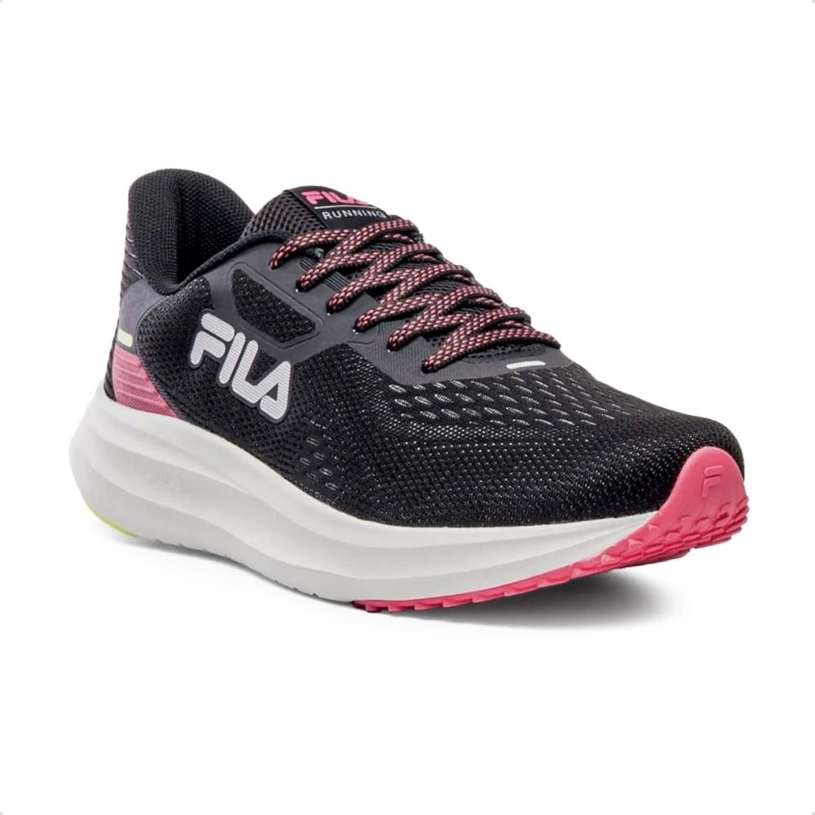 Tênis Fila feminino para corrida preto com detalhes rosa e branco