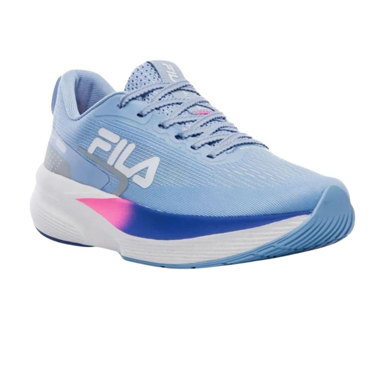 Tênis Corrida Feminino Fila Racer Fastpace Azul com sola branca e rosa e logo Fila