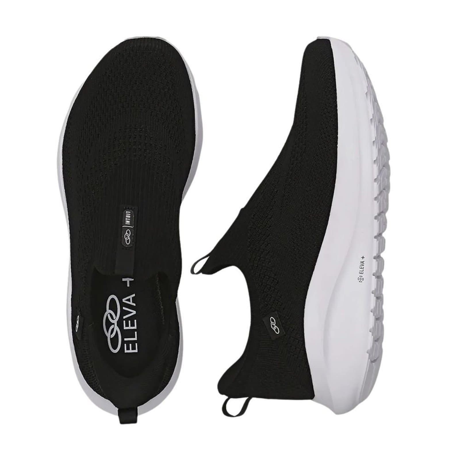 Tênis Olympikus Intuit Eleva+ Slip-On preto e branco, estilo moderno.