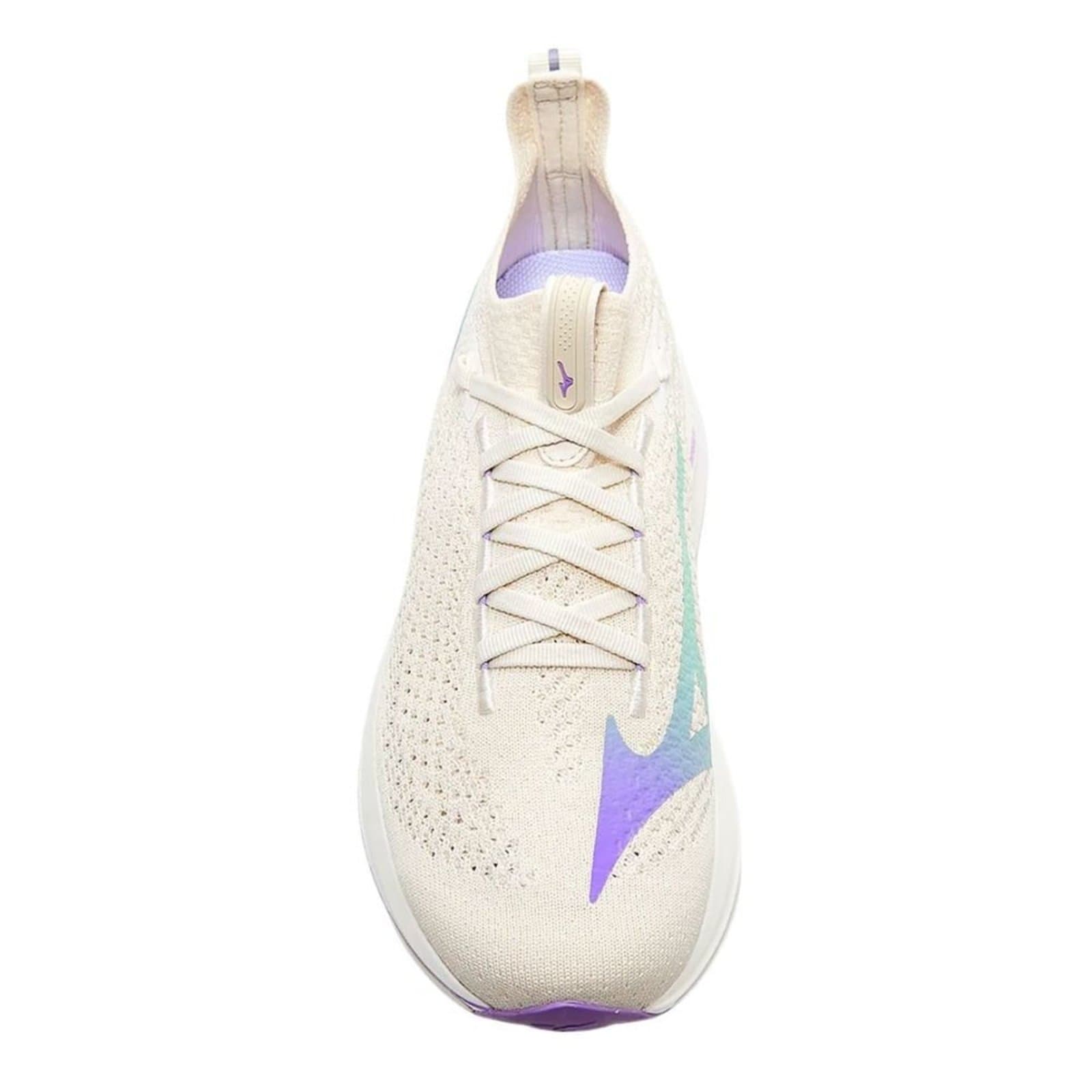 Lateral do tênis Mizuno Neo Vista 2 feminino branco, com detalhes em verde e roxo.