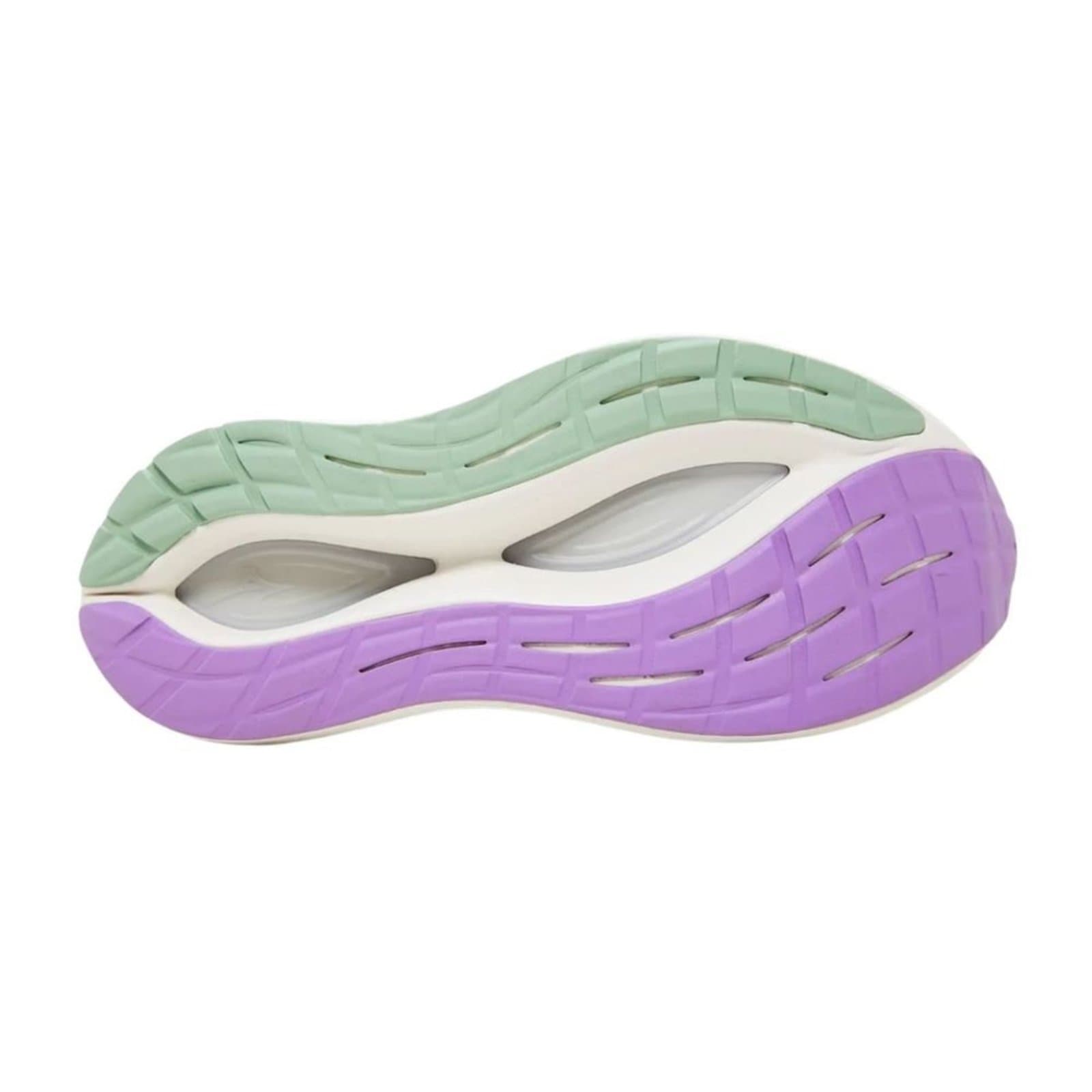 Sola do tênis Mizuno Neo Vista 2 feminino branco, com detalhes em verde e roxo.