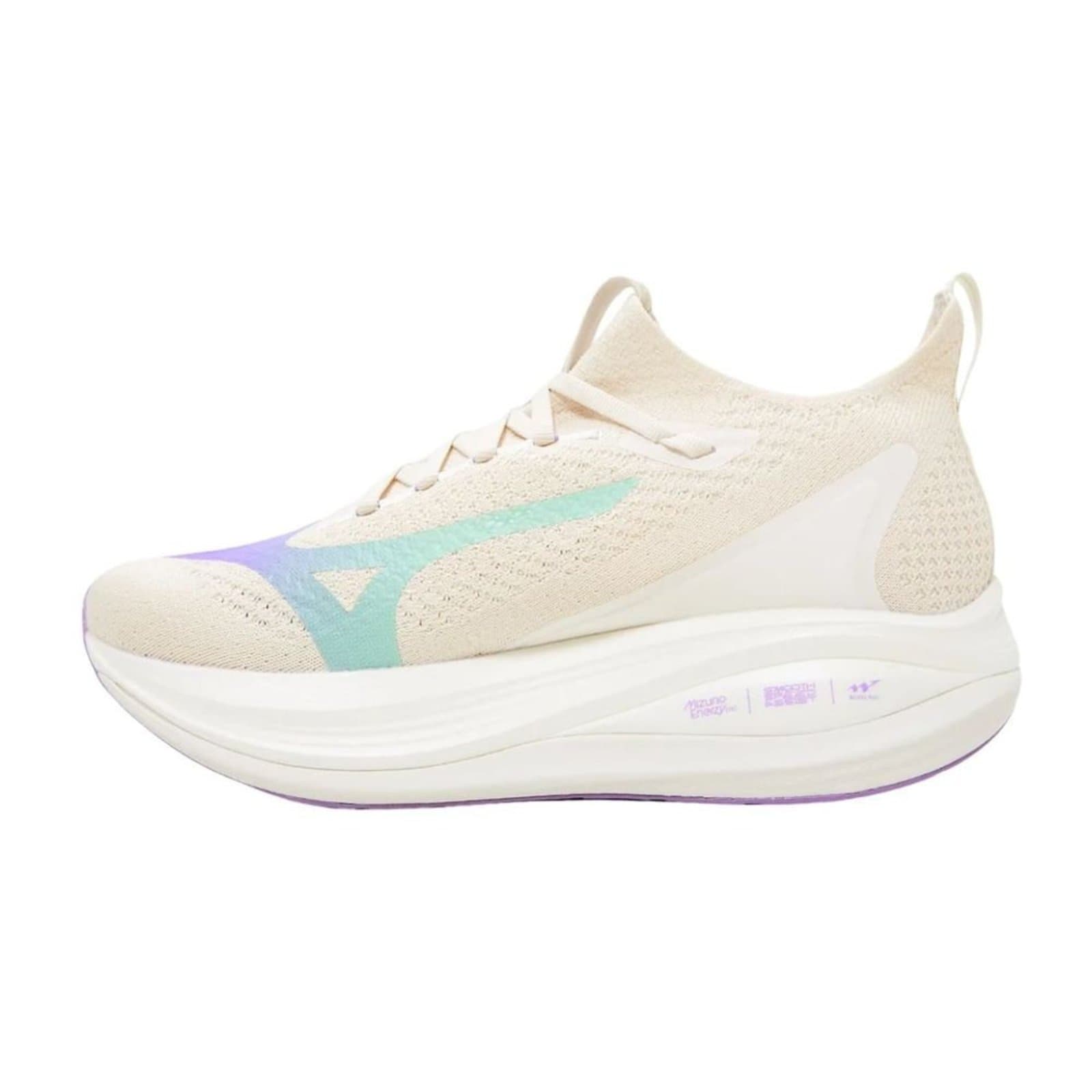 Tênis Mizuno Neo Vista 2 feminino branco, com detalhes em verde e roxo, estilo moderno.