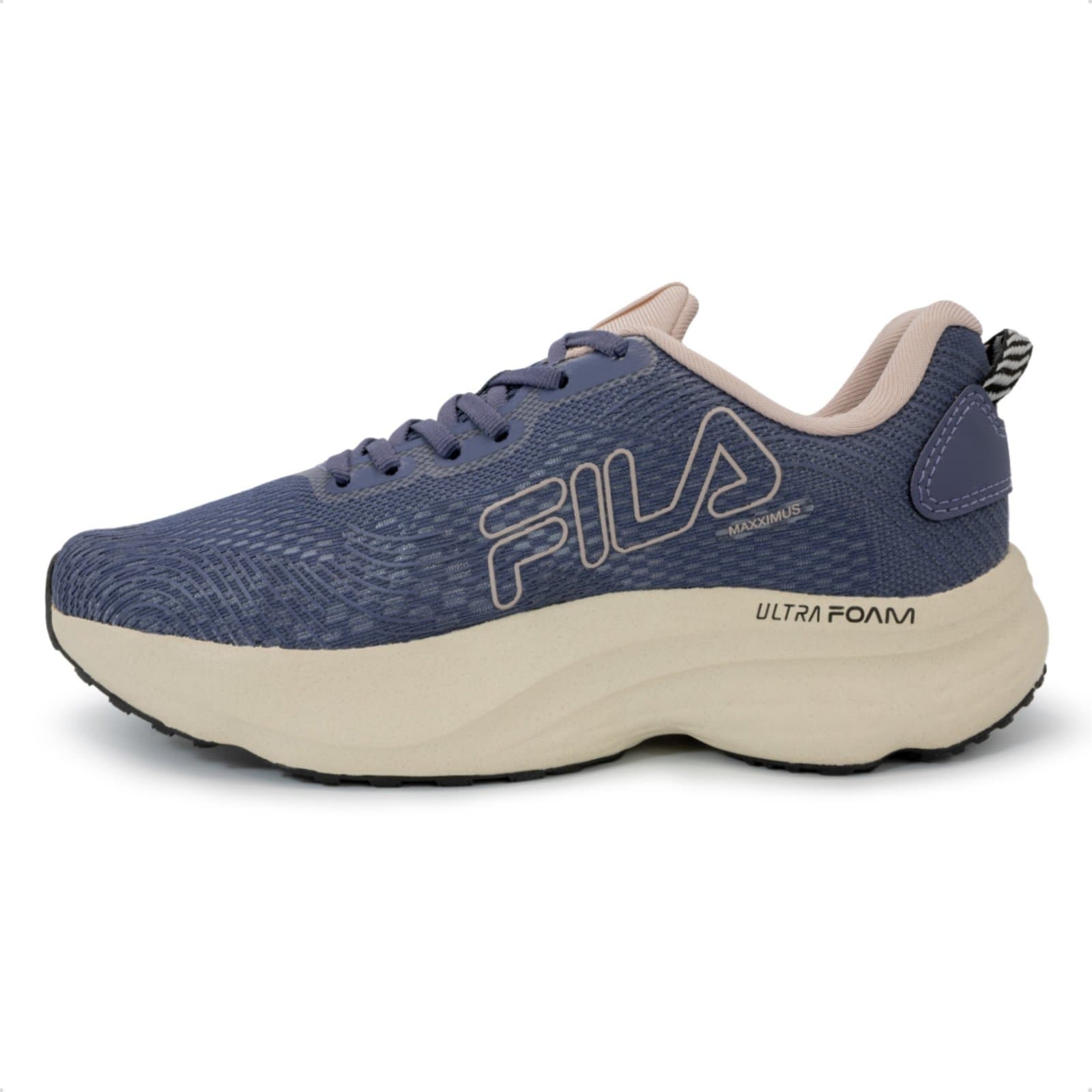 Tênis Fila Maxximus para corrida feminino azul com sola branca e escrita Ultra Foam.