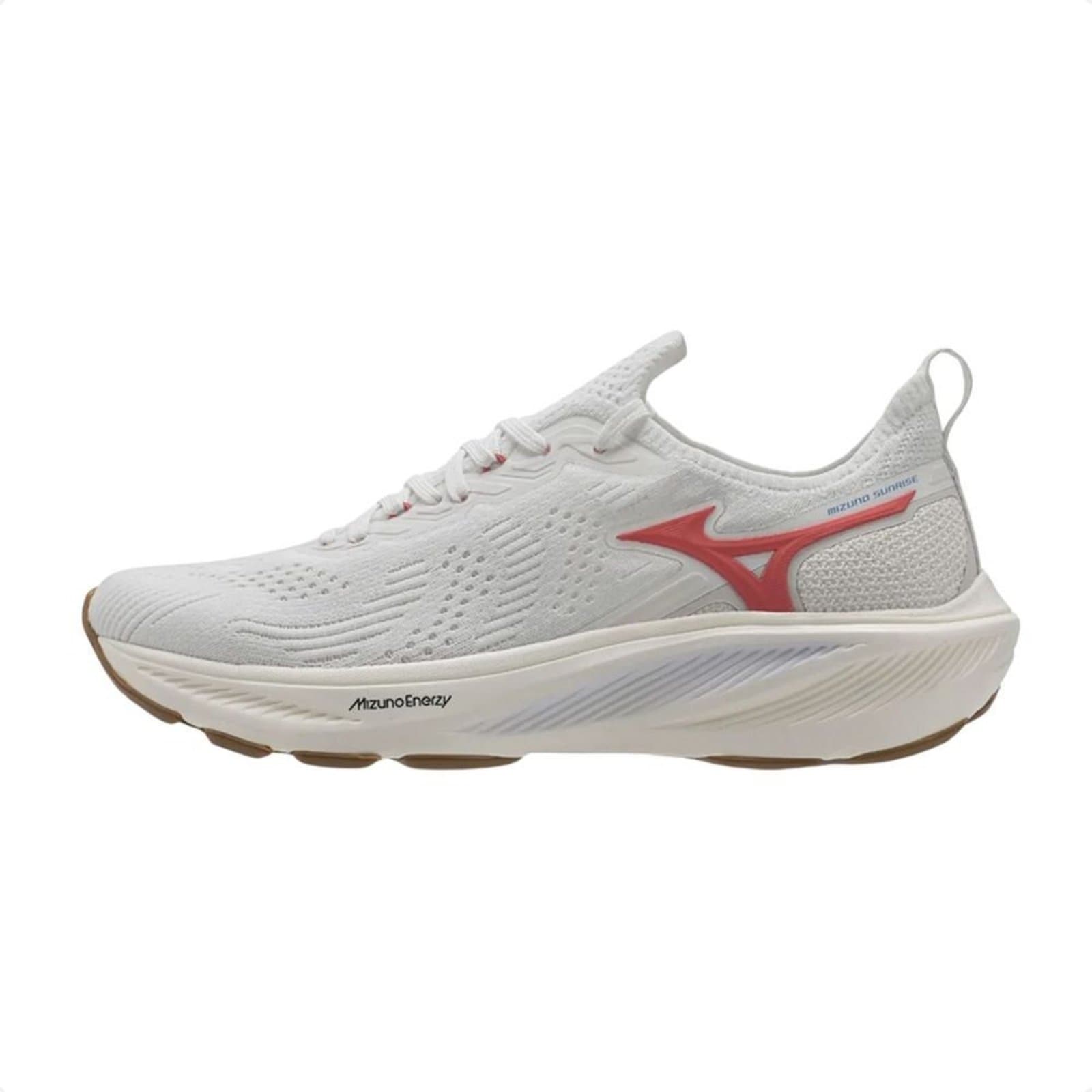 Detalhe do Mizuno Sunrise Tênis Feminino de Corrida branco com logo azul.