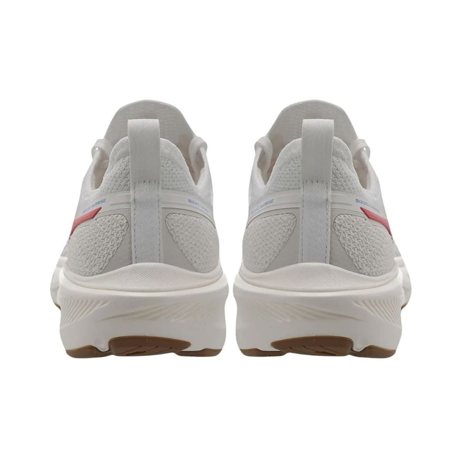 Vista traseira do Mizuno Sunrise Tênis Feminino de Corrida branco com detalhes.