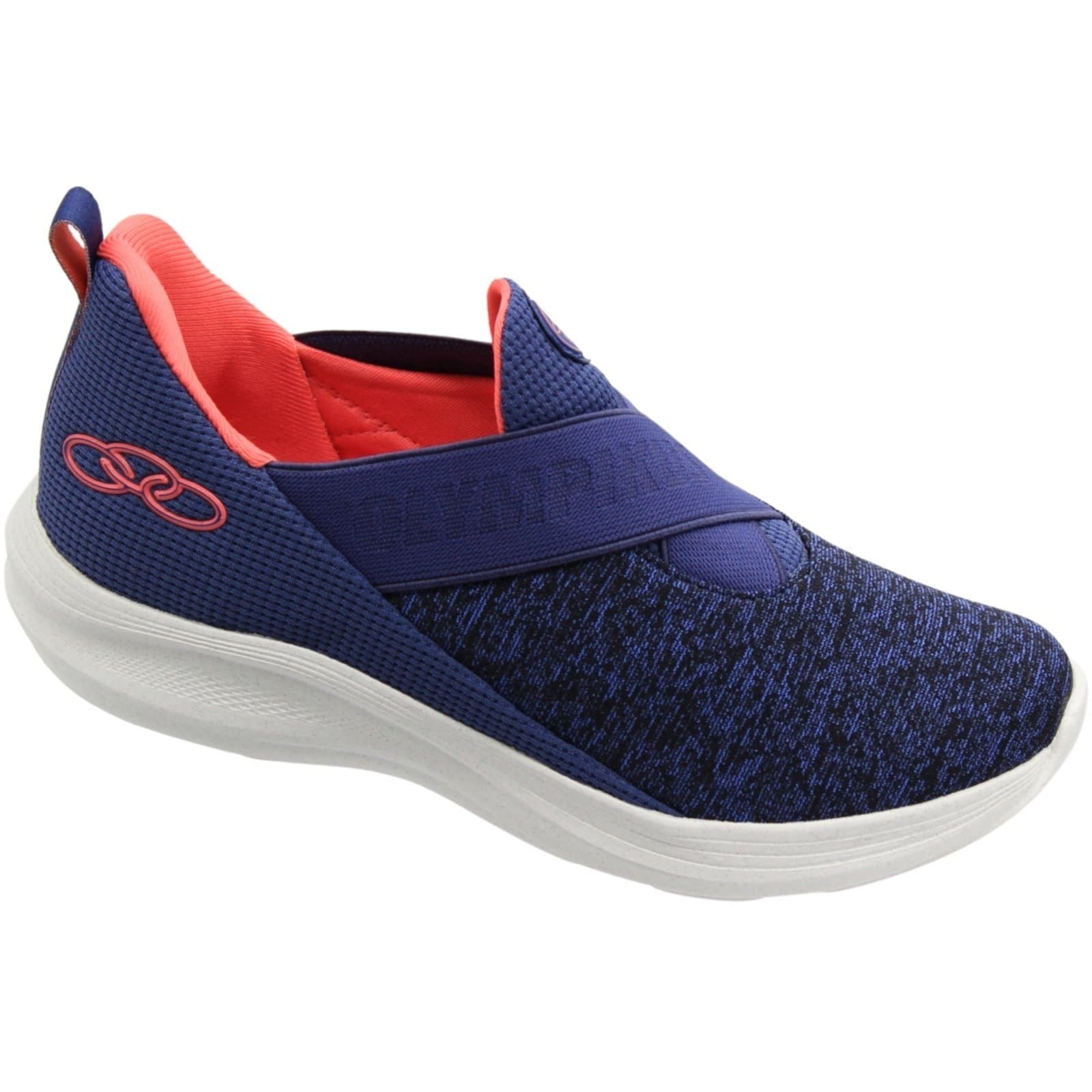 Tênis Olympikus Easy 3 Slip On azul e rosa, com sola branca e logotipo vermelho.